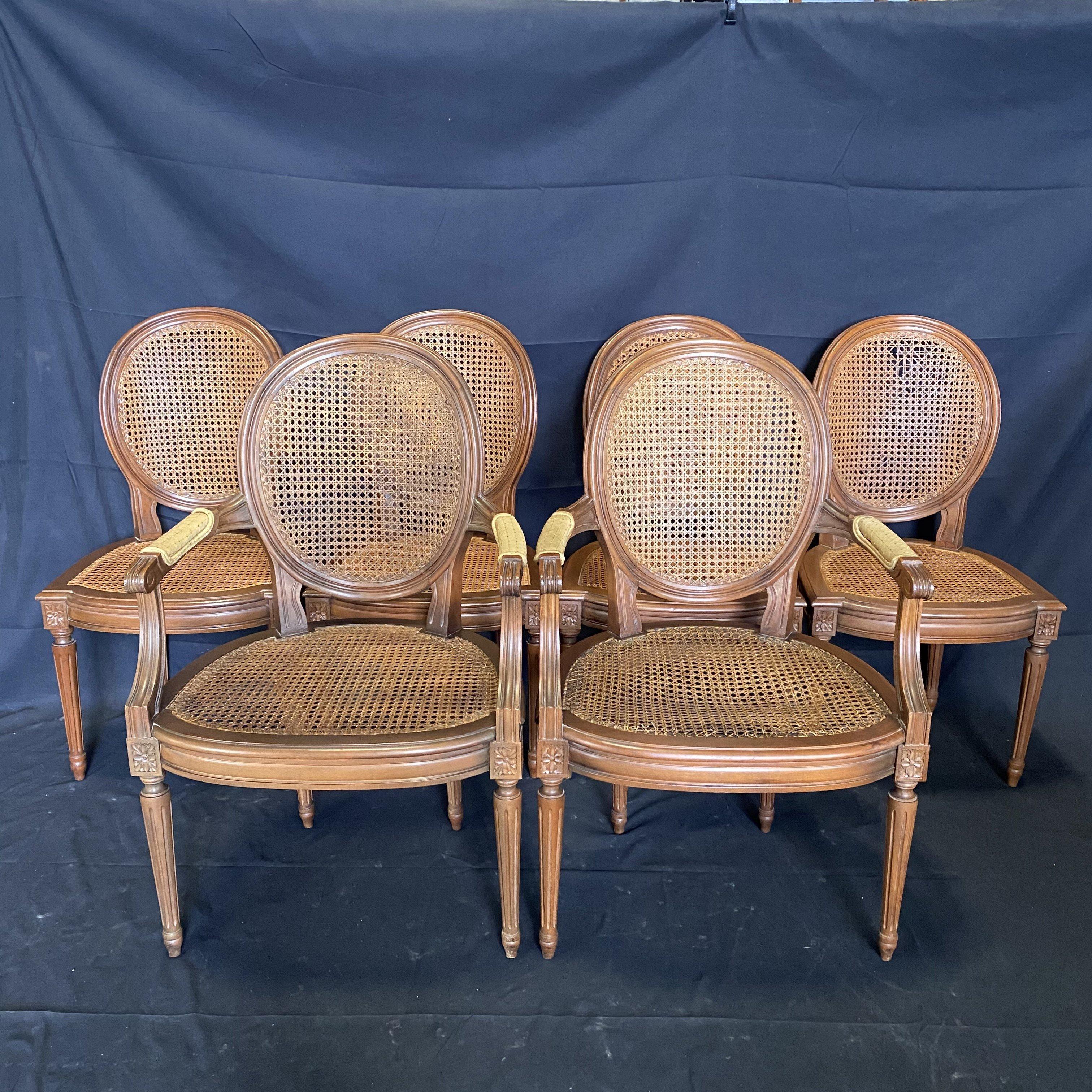 Beautiful Set of Six French Louis XVI Style Caned Walnut Dining Chairs In Good Condition In Hopewell, NJ
