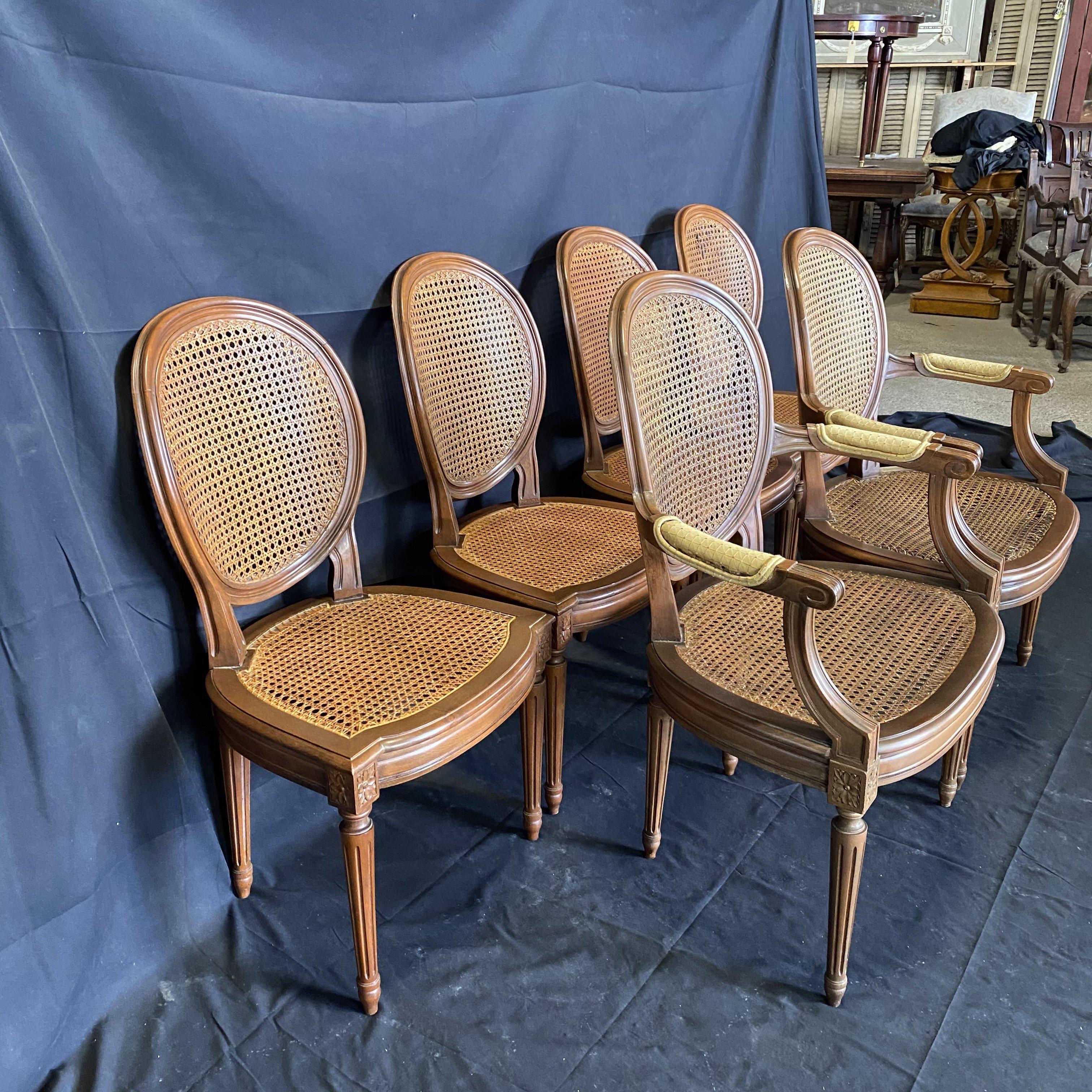 20th Century Beautiful Set of Six French Louis XVI Style Caned Walnut Dining Chairs