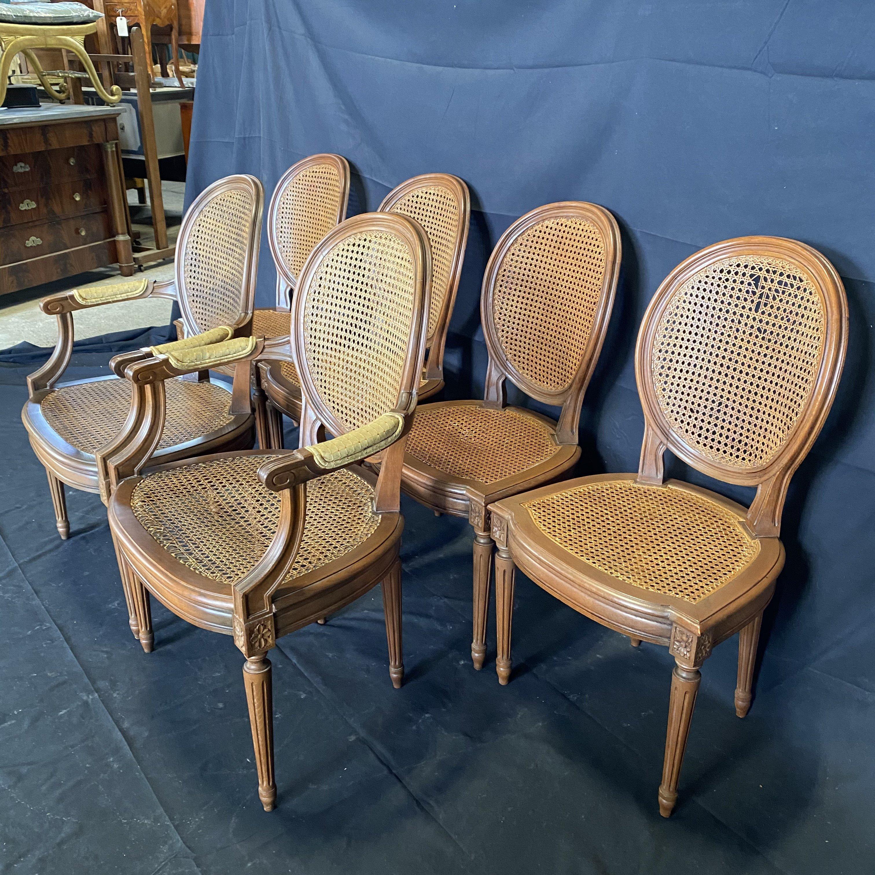 Beautiful Set of Six French Louis XVI Style Caned Walnut Dining Chairs 1
