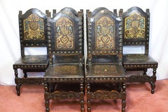 Beautiful Set Of Six Oak&Leather Victorian Carved Dining Chairs