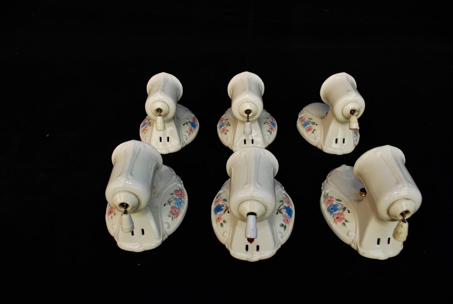 Beautiful Set of Six Porcelain Sconces In Good Condition For Sale In Los Angeles, CA