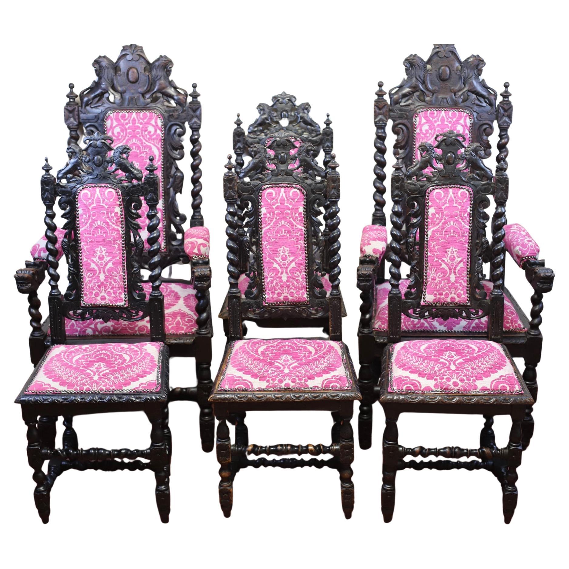 Beautiful Set Of Six Victorian Carved Oak  Dining Chairs