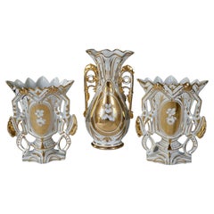 Beautiful Set of Three Antique Old Paris Porcelain Cornet Flower Vase 1880's