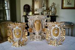 Beautiful Set of Three Big Antique Old Paris Porcelain Cornet Flower Vases 1880