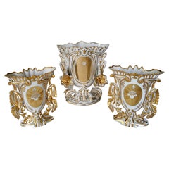 Beautiful Set of Three Big Antique Old Paris Porcelain Cornet Flower Vases 1880