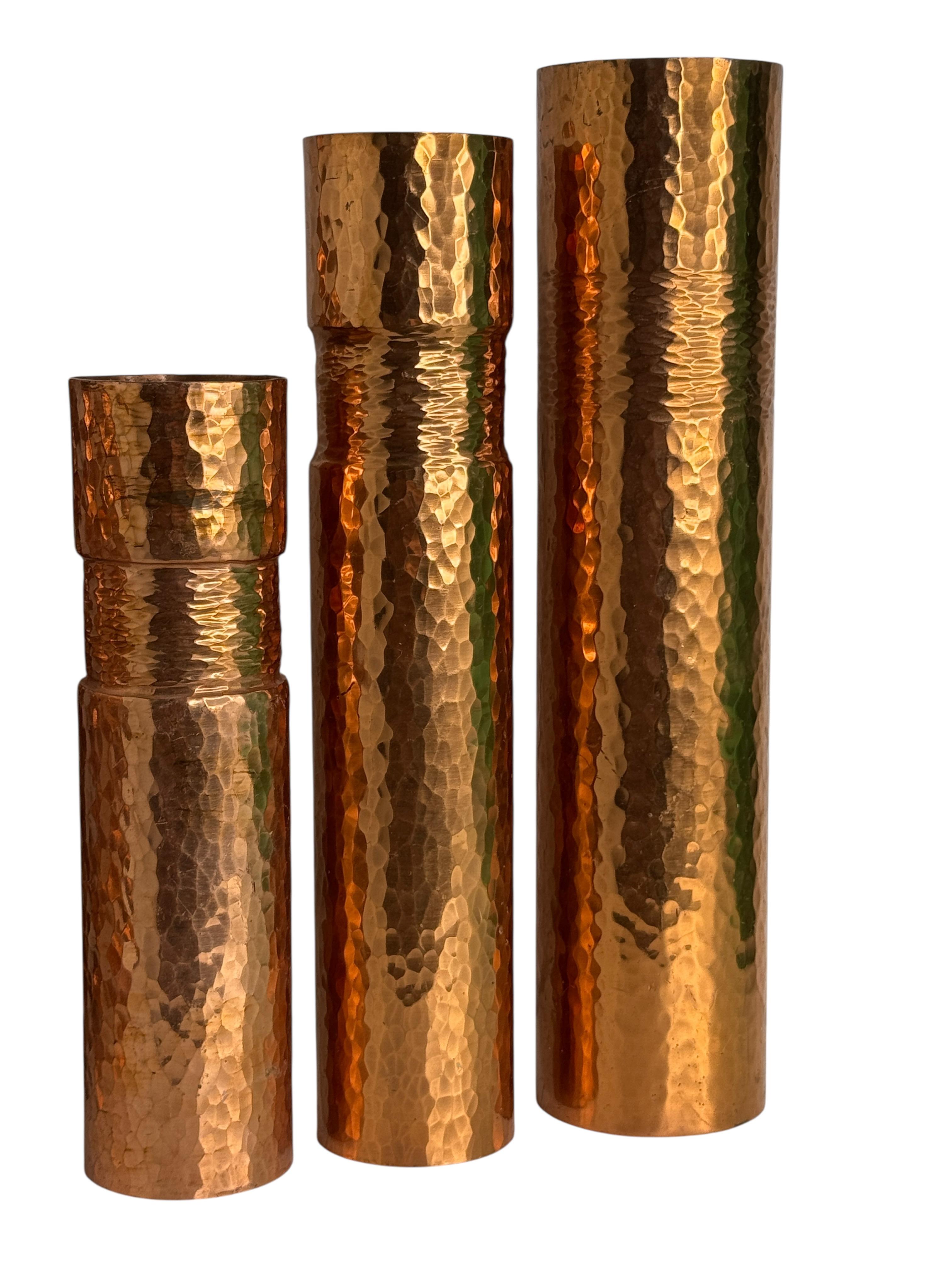 Hand-Crafted Beautiful Set of three Copper Handmade Brutalist Flower Vase, German, 1970s For Sale