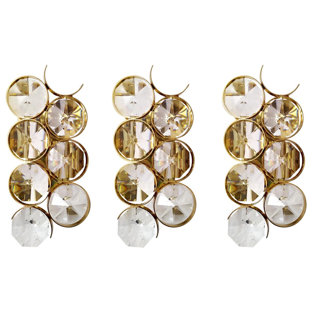 Bellissimo set di tre lampade da parete tedesche vintage in vetro e ottone, anni '60