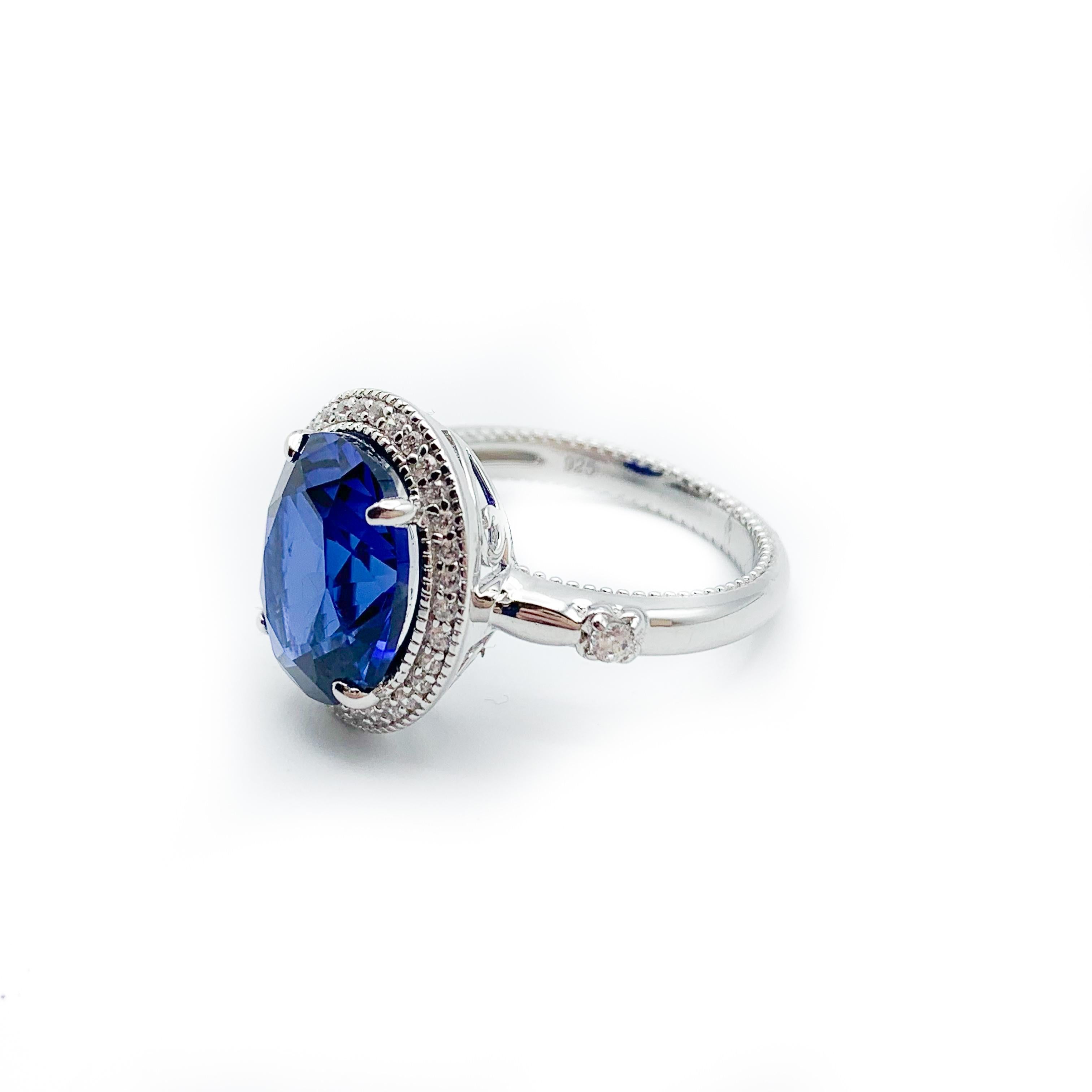 Beautiful Shade of Blue 3.16 Carat CZ Silver Ring  In New Condition In Carlsbad, CA