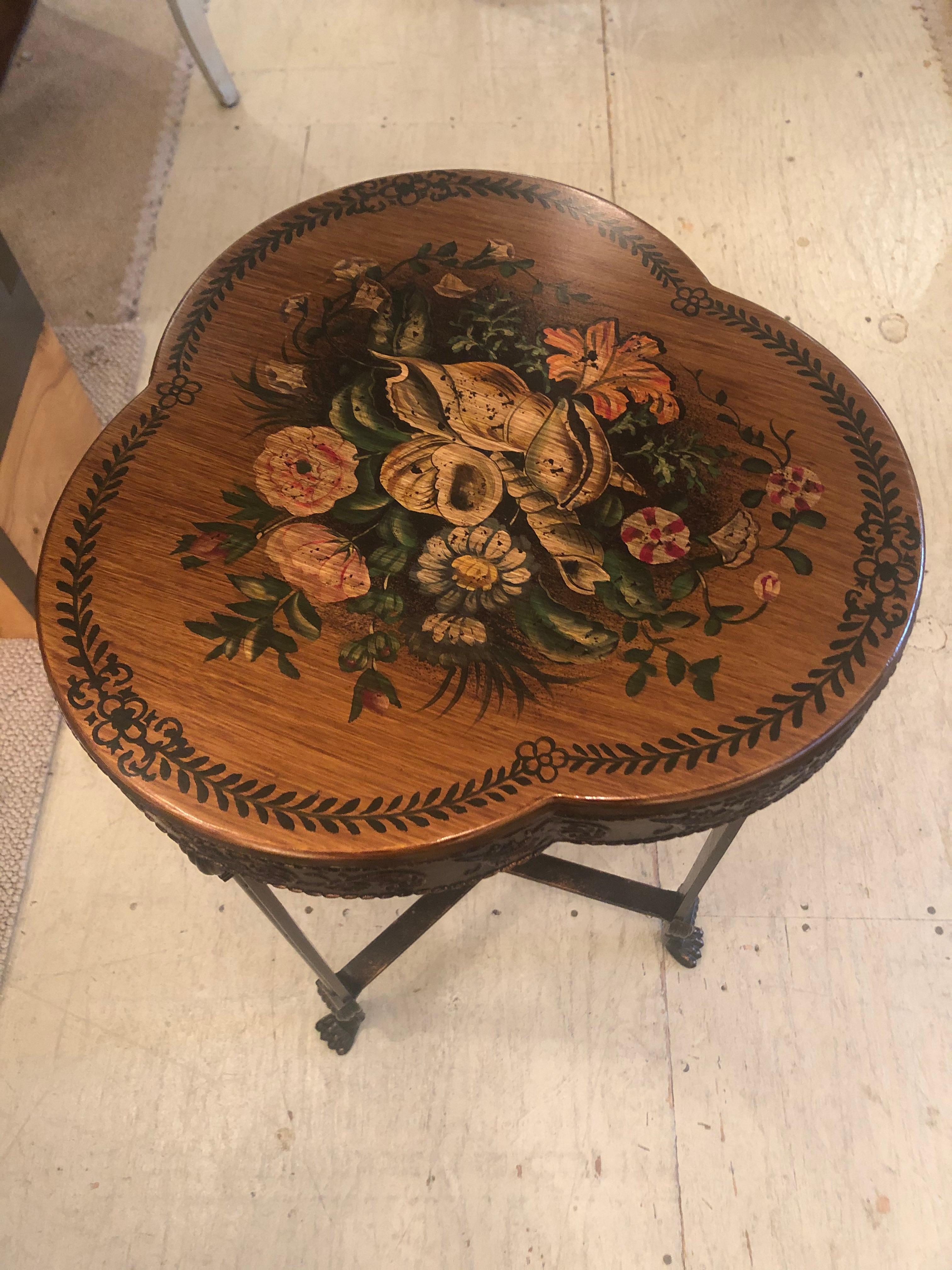 American Theodore Alexander Shamrock Shaped End Table with Floral Decoration