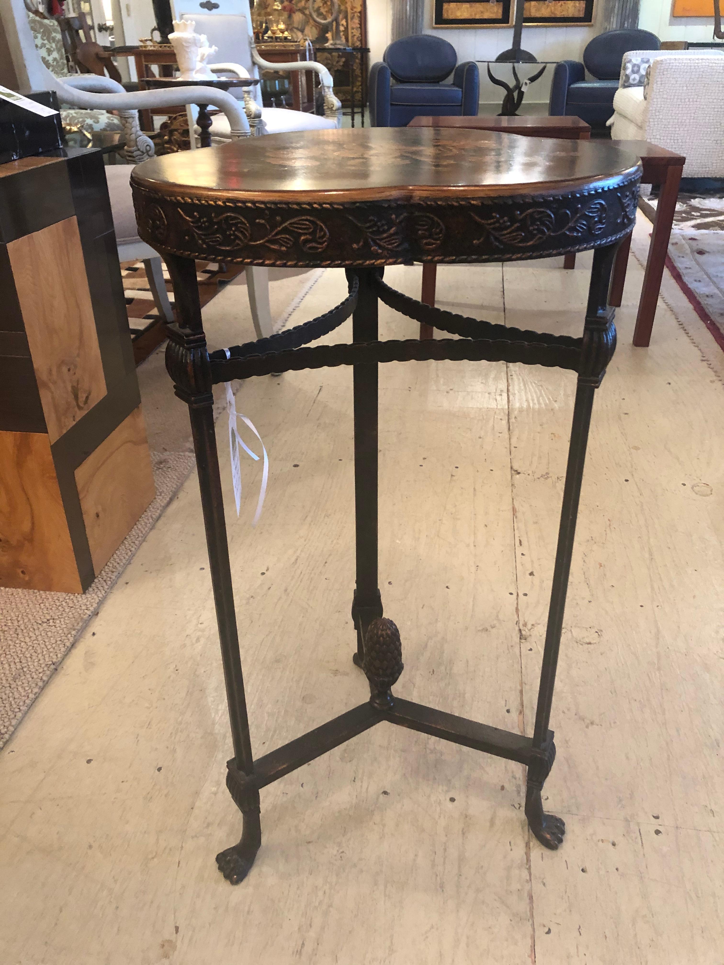 Iron Theodore Alexander Shamrock Shaped End Table with Floral Decoration