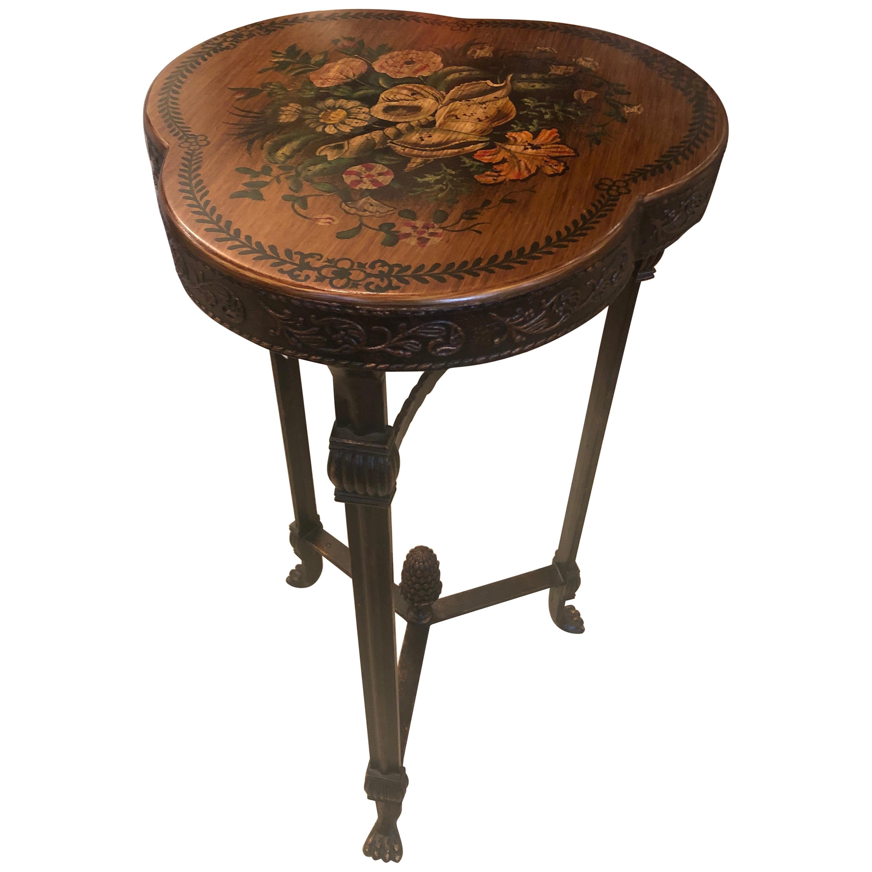 Theodore Alexander Shamrock Shaped End Table with Floral Decoration