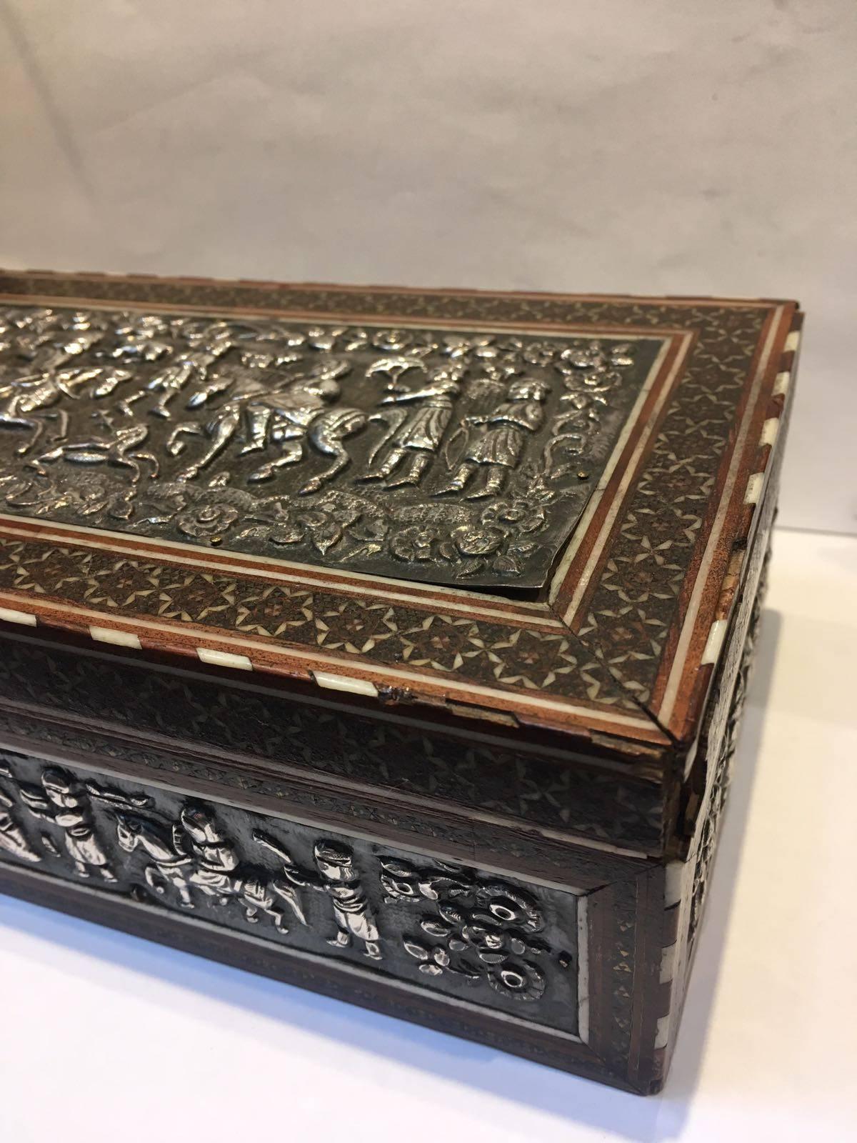 Persian Beautiful Shiraz, Qajar Khatem Kari Silver on Wood Box For Sale
