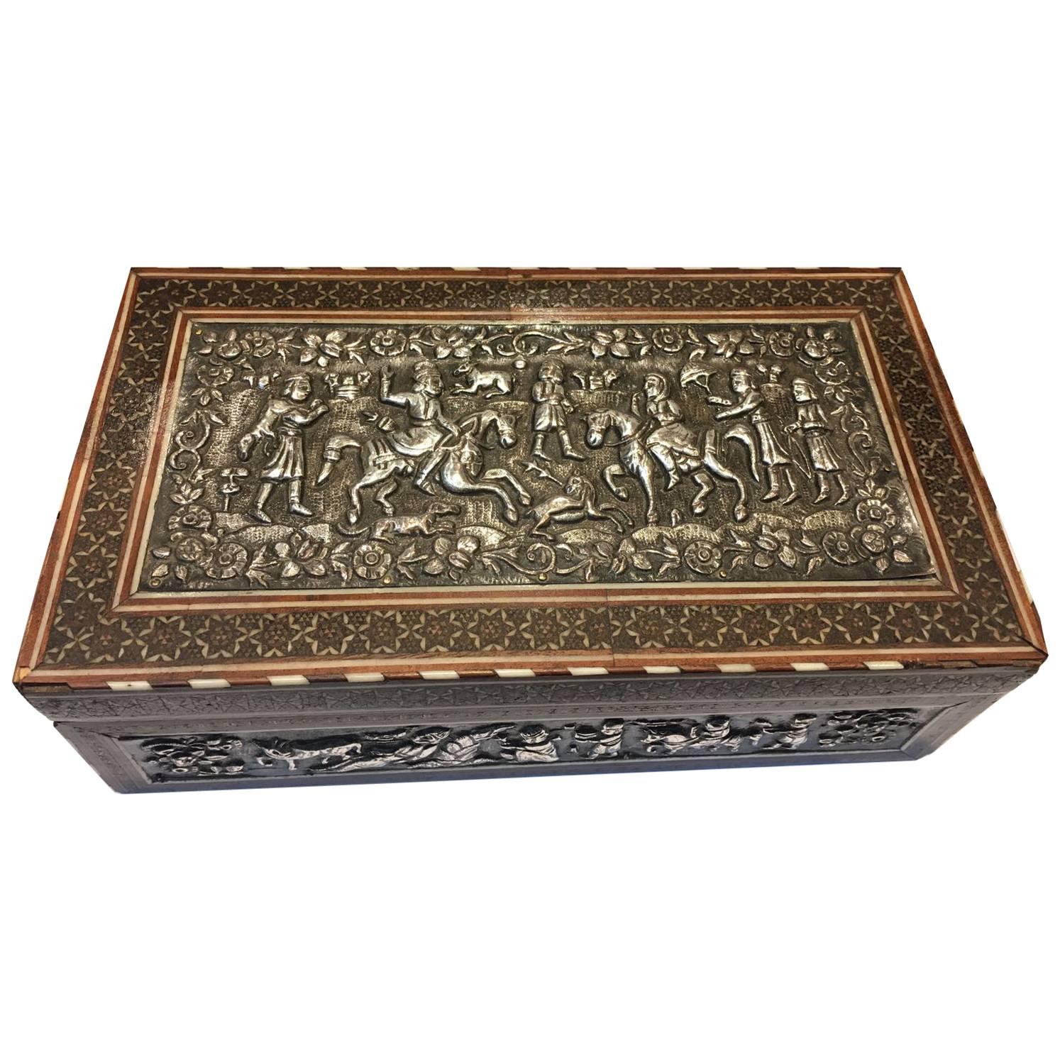 Beautiful Shiraz, Qajar Khatem Kari Silver on Wood Box For Sale