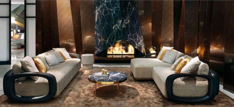 Modern Beautiful Coffee Table in Polished Gold Finish Top Vetrite Marble Effect For Sale
