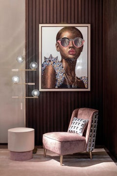 Beautiful Floor Lamp Metal Champagne Finish Murano Glass Leather Insert