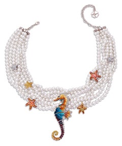 Necklace White Gold White & Black Diamonds Ruby Sapphires Pearls Micromosaic