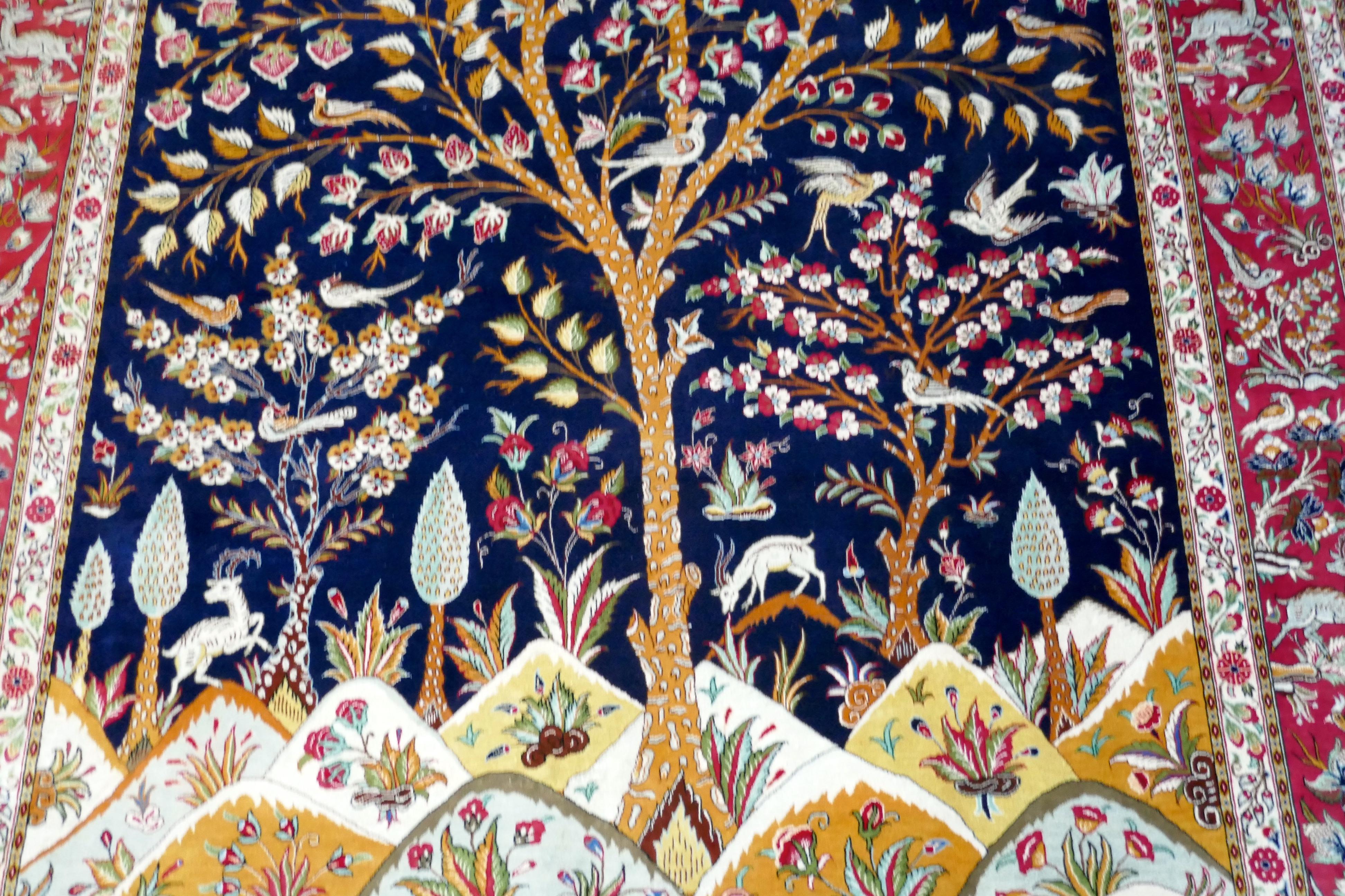 Beautiful Signed Hand-Knotted Tree of Life Pattern Qom Persian Silk Rug In Good Condition In Chillerton, Isle of Wight