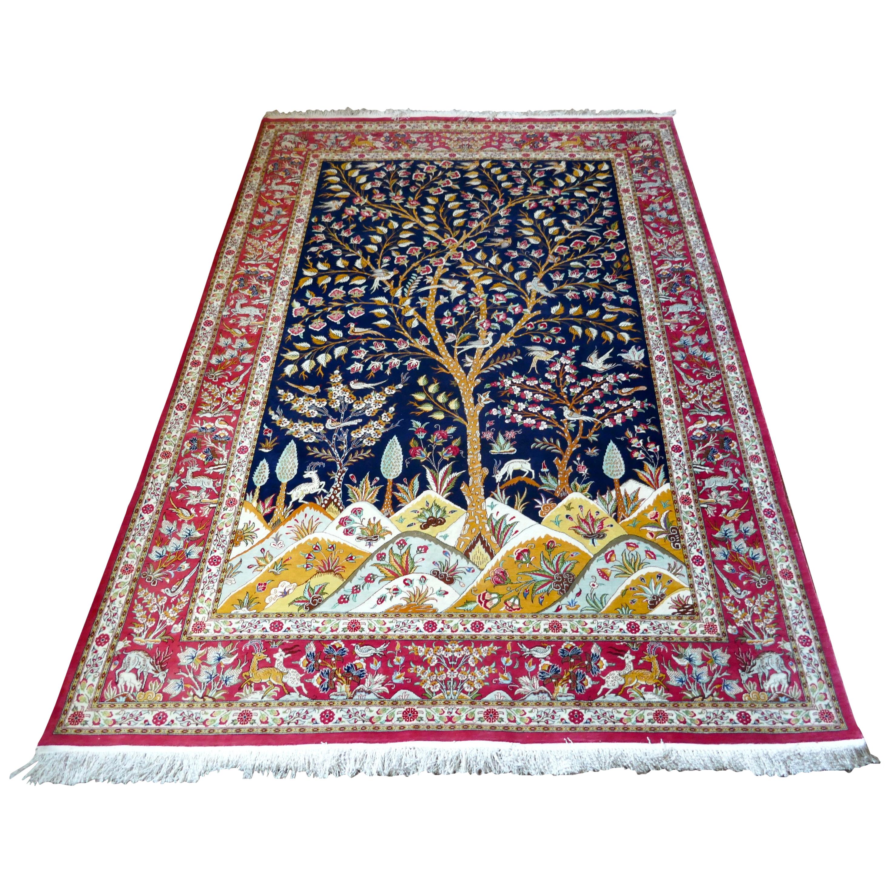 Beautiful Signed Hand-Knotted Tree of Life Pattern Qom Persian Silk Rug
