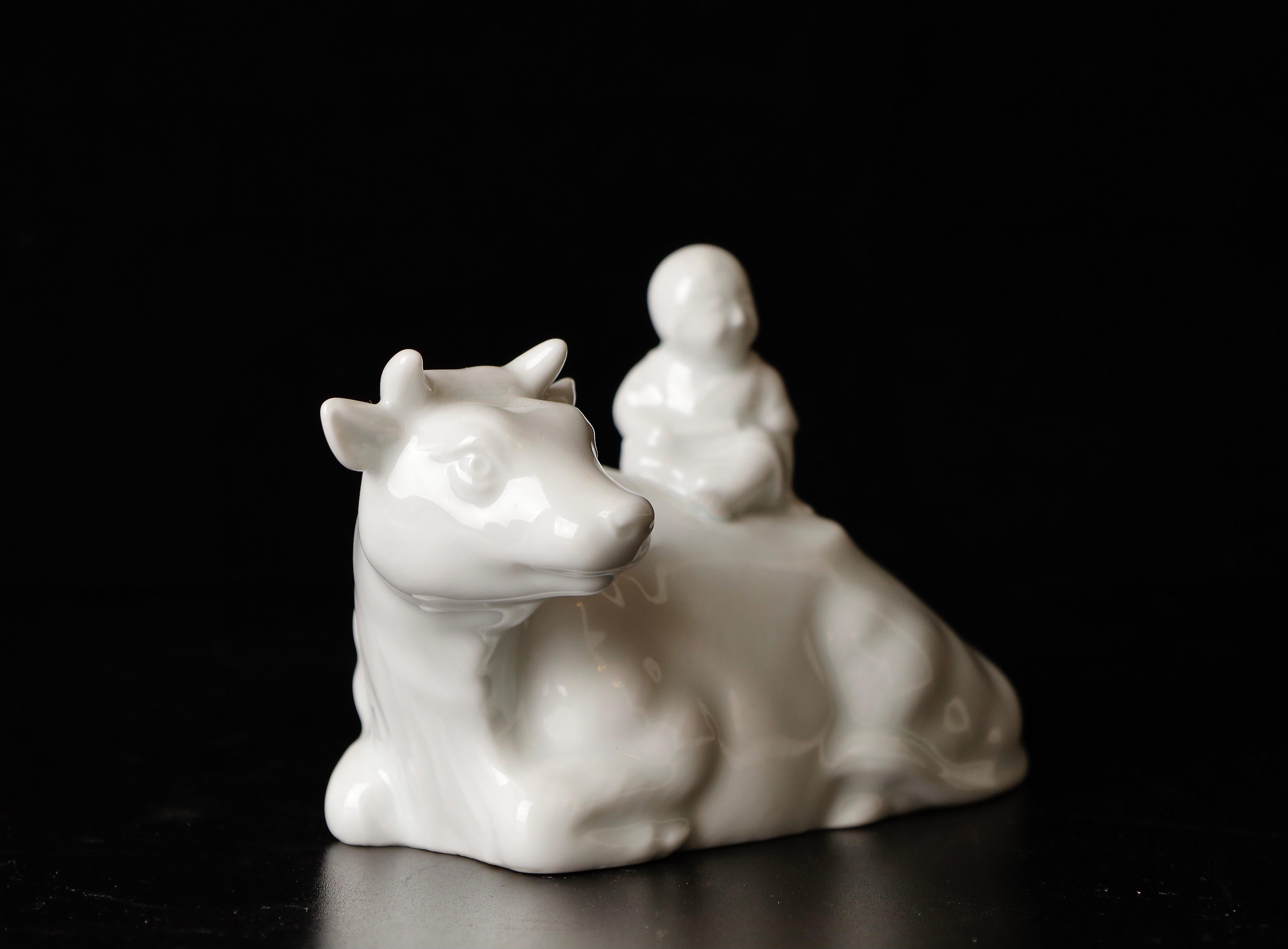 Showa Beautiful Signed Miniature Porcelain of Boy Riding the Bull Okimono For Sale