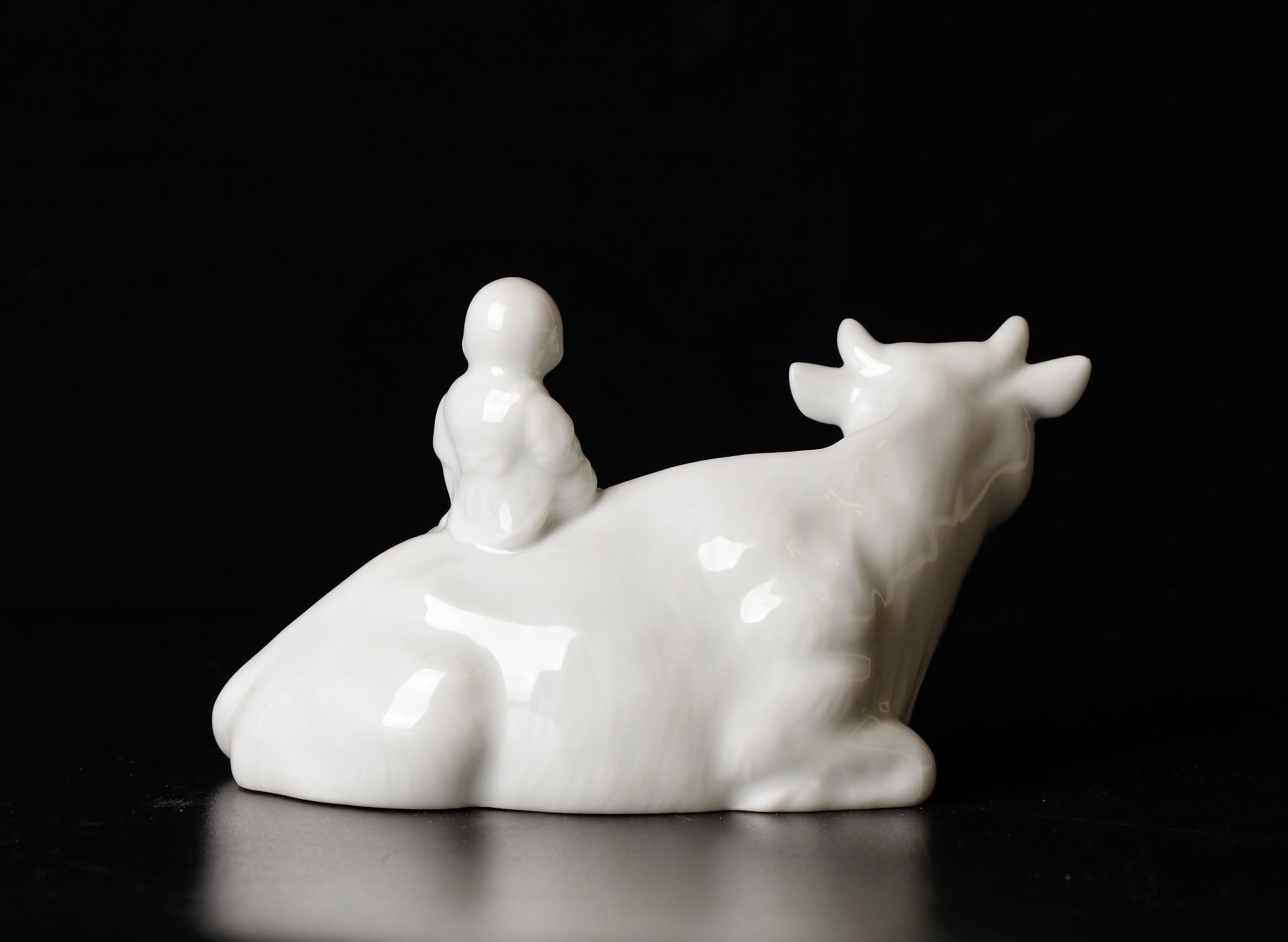 Beautiful Signed Miniature Porcelain of Boy Riding the Bull Okimono For Sale 1