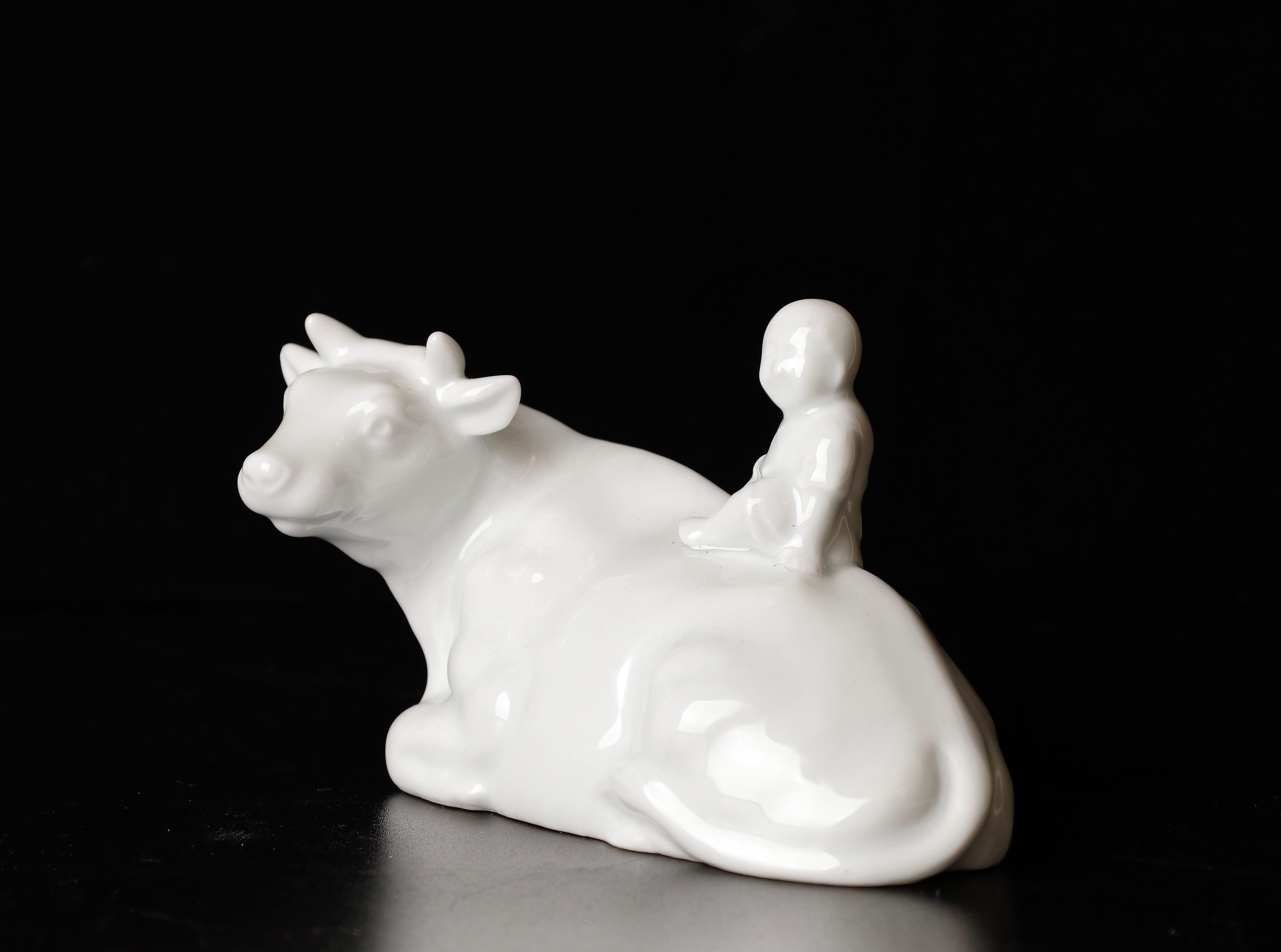 Beautiful Signed Miniature Porcelain of Boy Riding the Bull Okimono For Sale 3