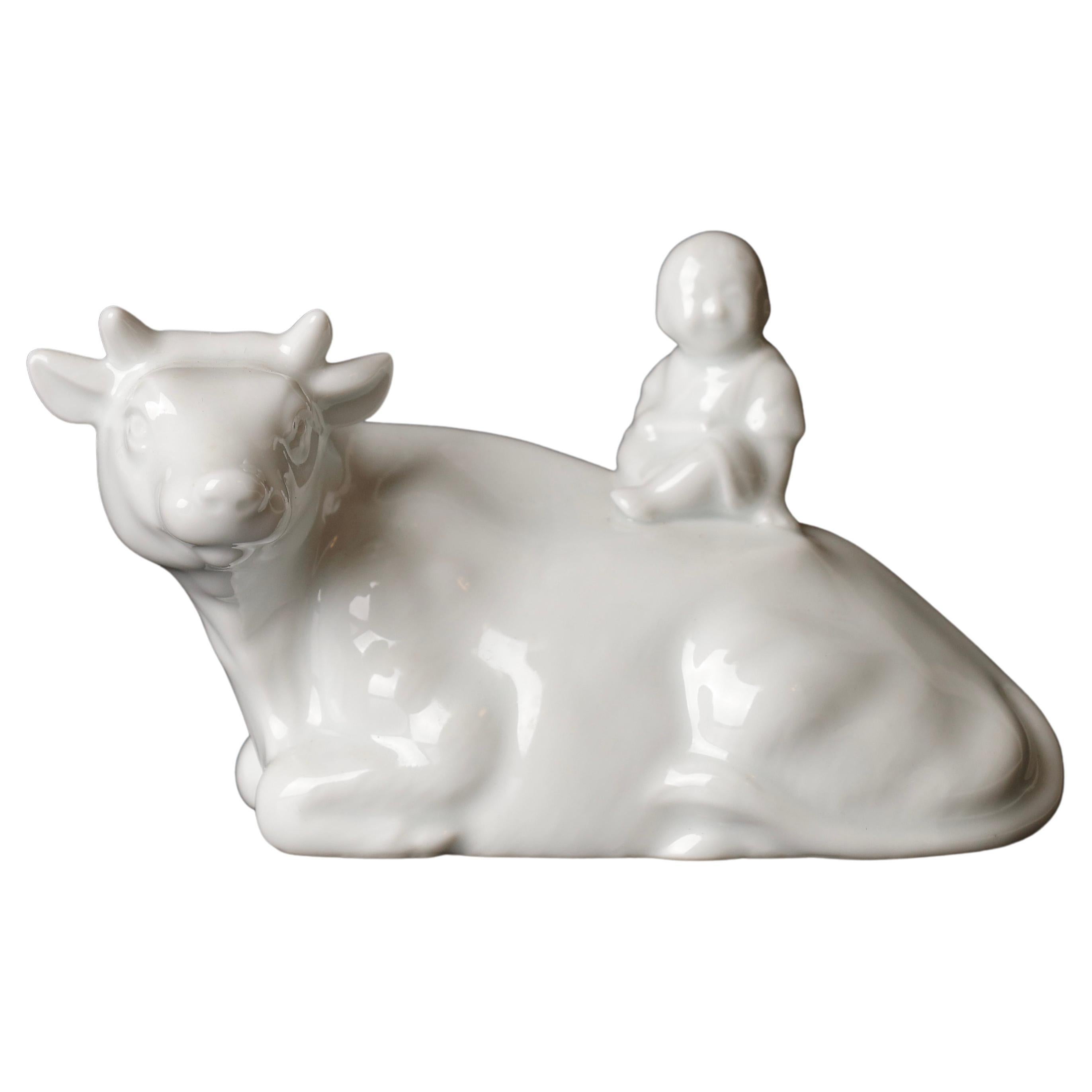 Beautiful Signed Miniature Porcelain of Boy Riding the Bull Okimono For Sale