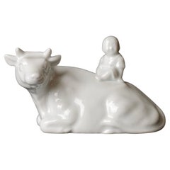 Beautiful Signed Miniature Porcelain of Boy Riding the Bull Okimono