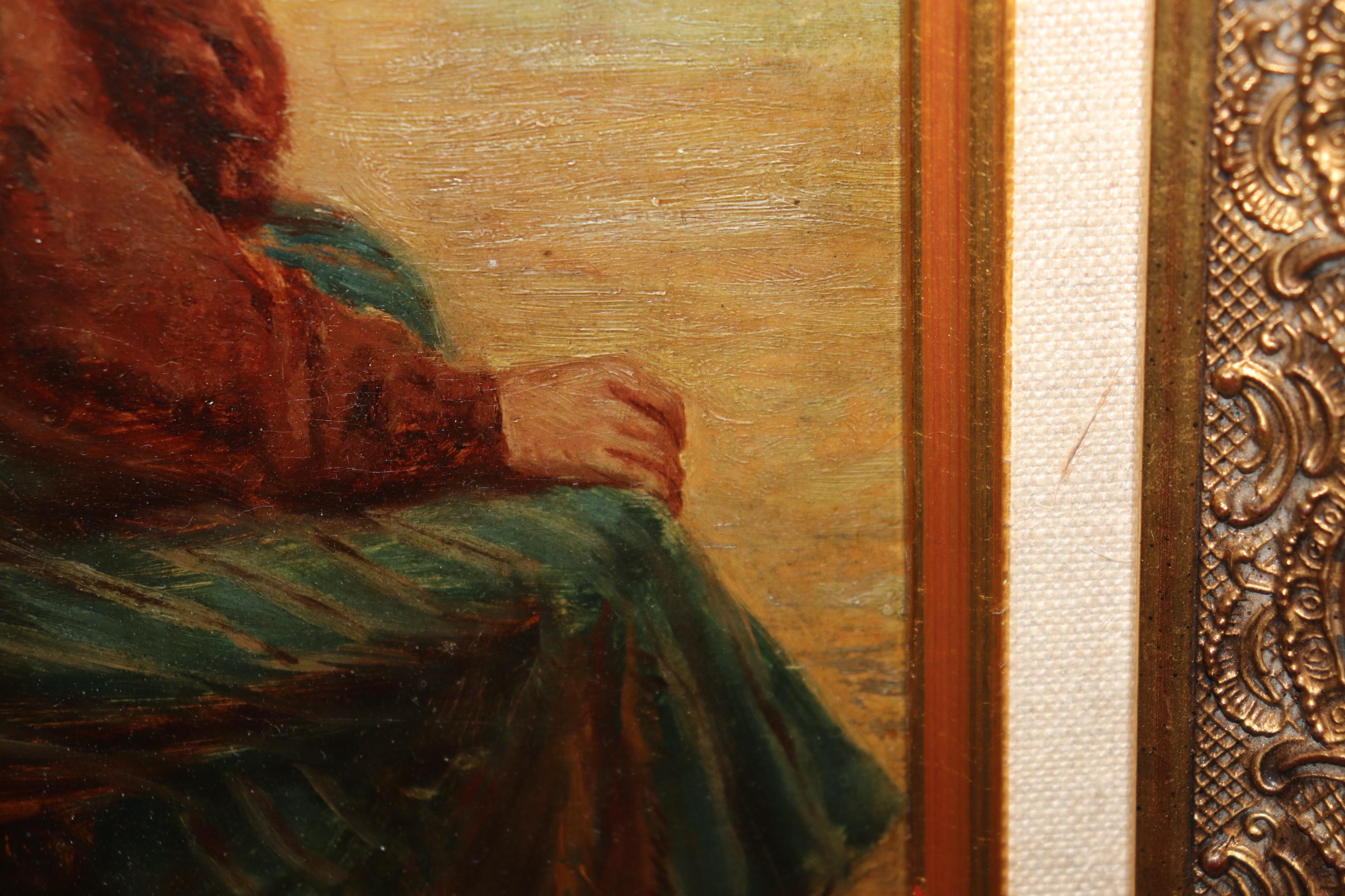 Magnifique huile sur panneau du début des années 1900 représentant une jeune femme  en vente 4