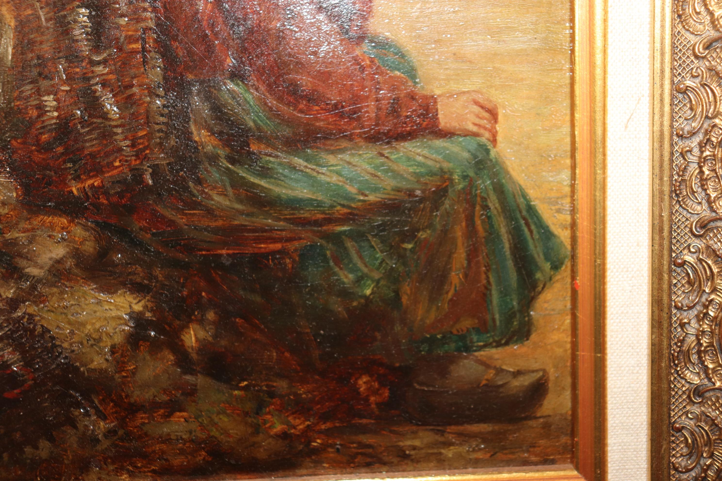 Fruitwood Beautiful Signed Oil on Board Early 1900s Era Painting of Young Woman  For Sale