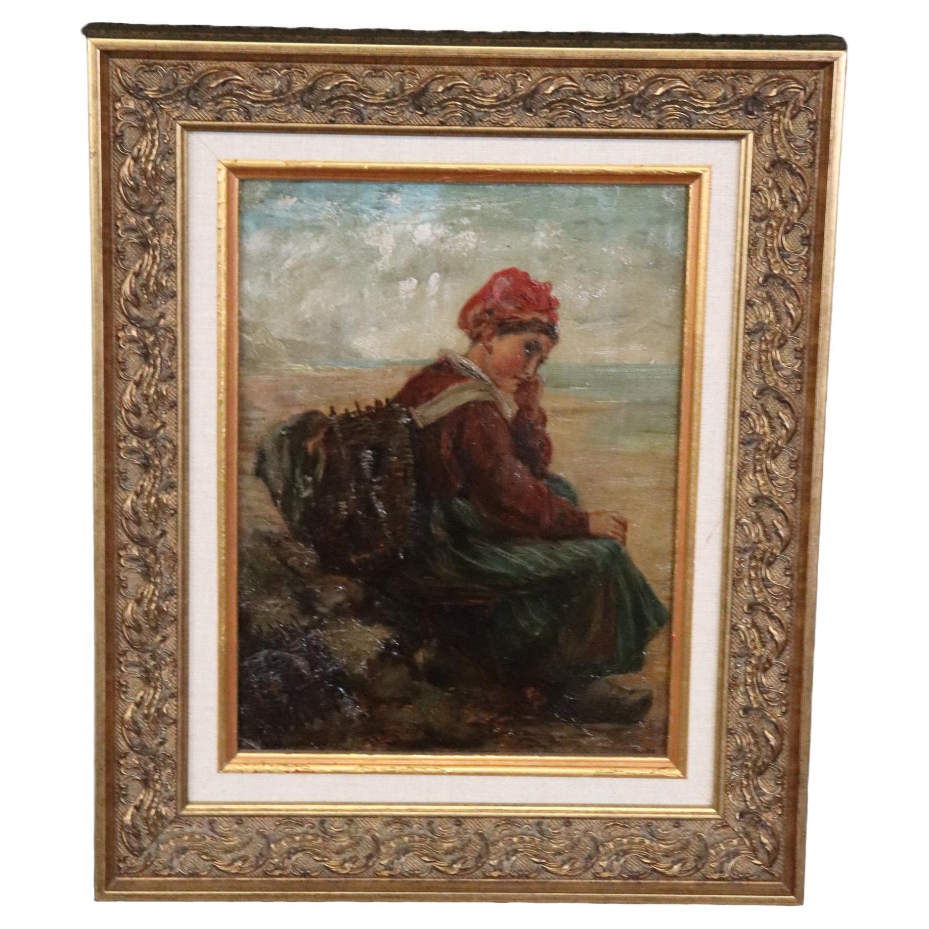 Beautiful Signed Oil on Board Early 1900s Era Painting of Young Woman  For Sale