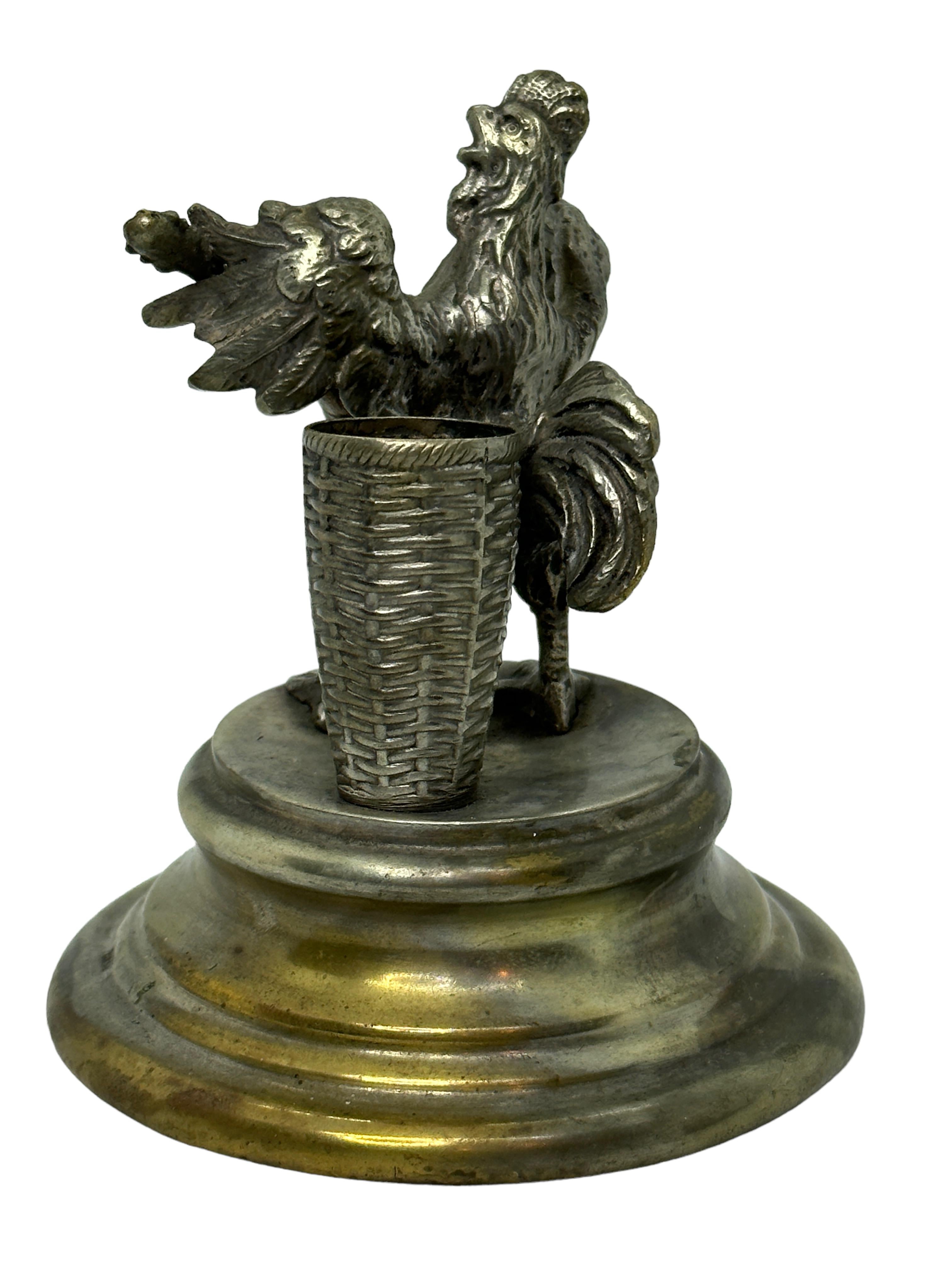 An antique decorative toothpick holder figure. Made of silver plated metal. A nice original antique item for displaying or just to use on your table. It is in the original as found condition. This piece has a beautiful patina and is in very good