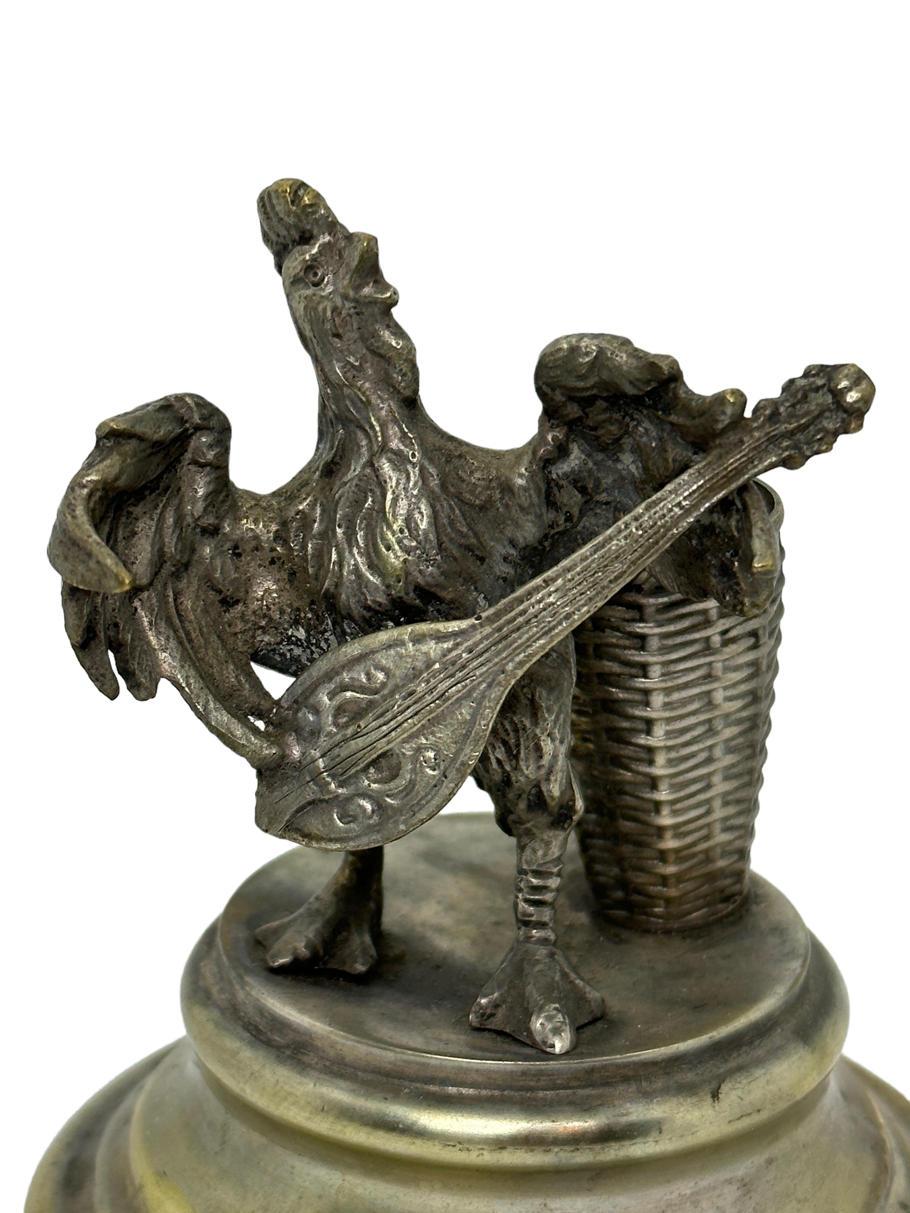 Art Nouveau Beautiful Silver Plated Toothpick Holder Figurine Rooster Vintage, Austria 1890s For Sale