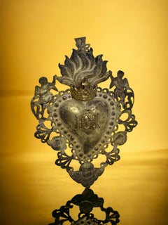 Beautiful Silver Sacred Heart Ex Voto Monogramed, Antique European, 1900s