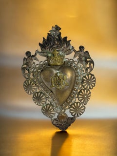 Beautiful Silver Sacred Heart Ex Voto Monogramed, Antique European, 1900s