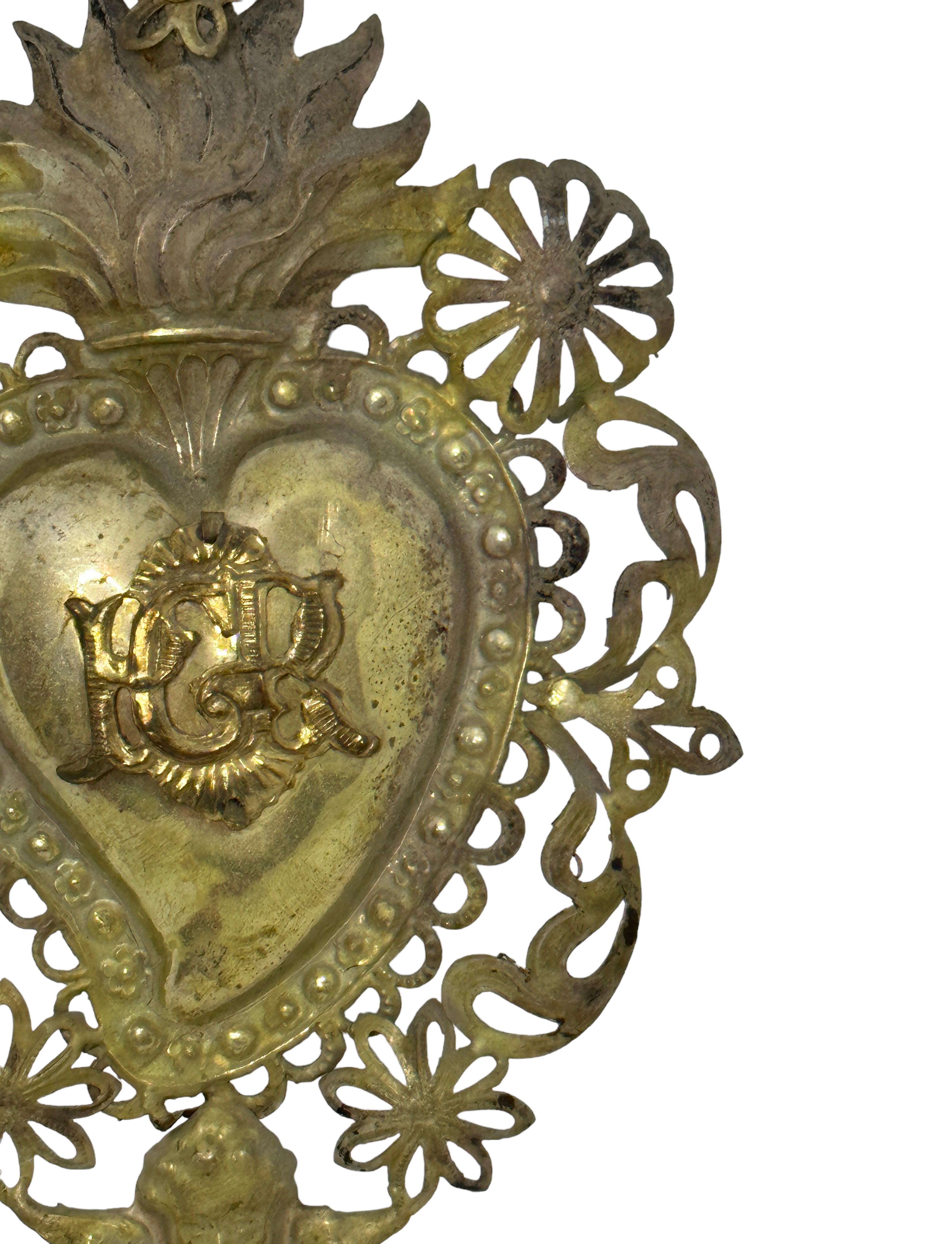 Art Nouveau Beautiful Silver Sacred Heart Ex Voto Monogramed, Antique European, 1900s