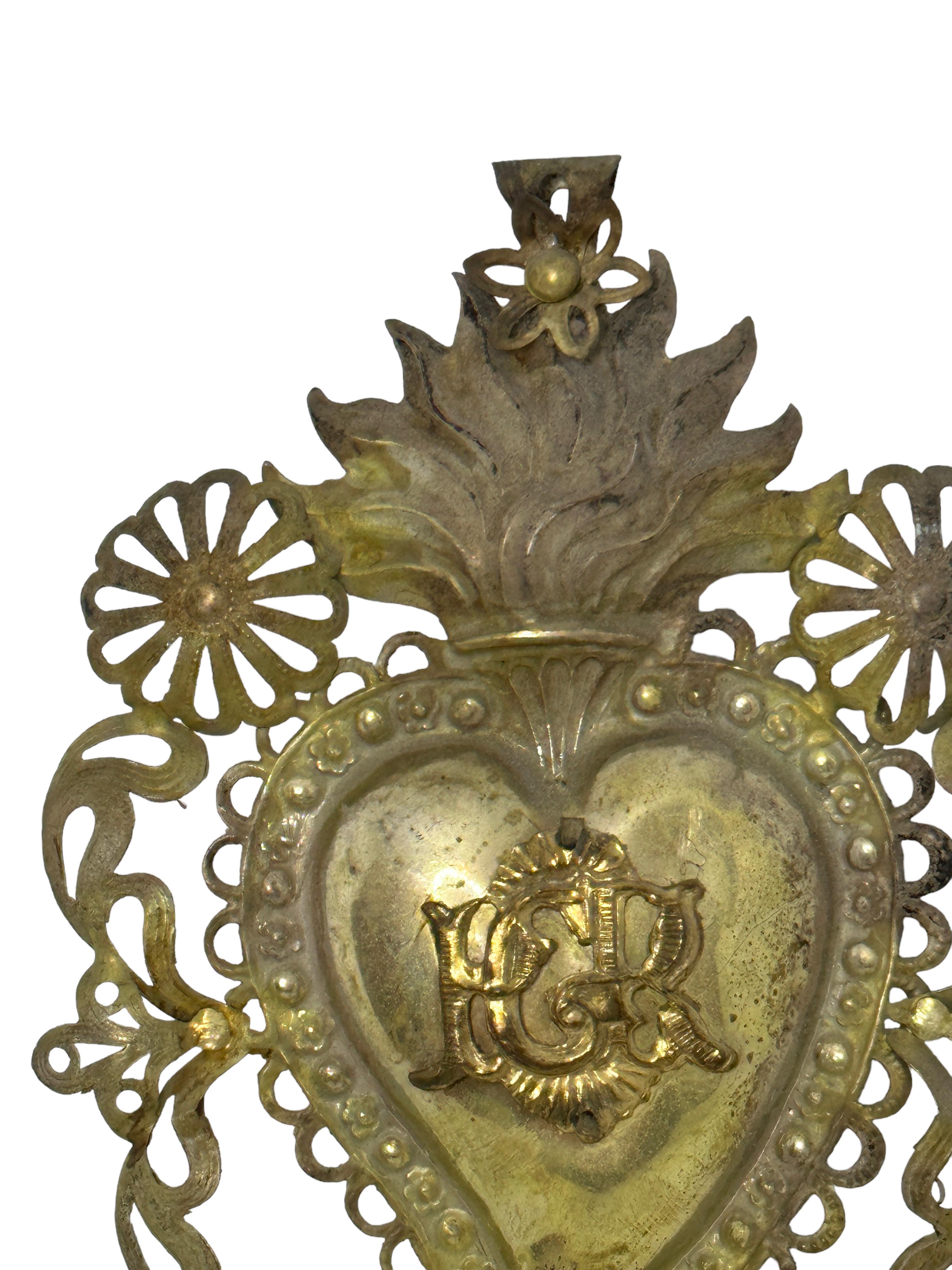 German Beautiful Silver Sacred Heart Ex Voto Monogramed, Antique European, 1900s