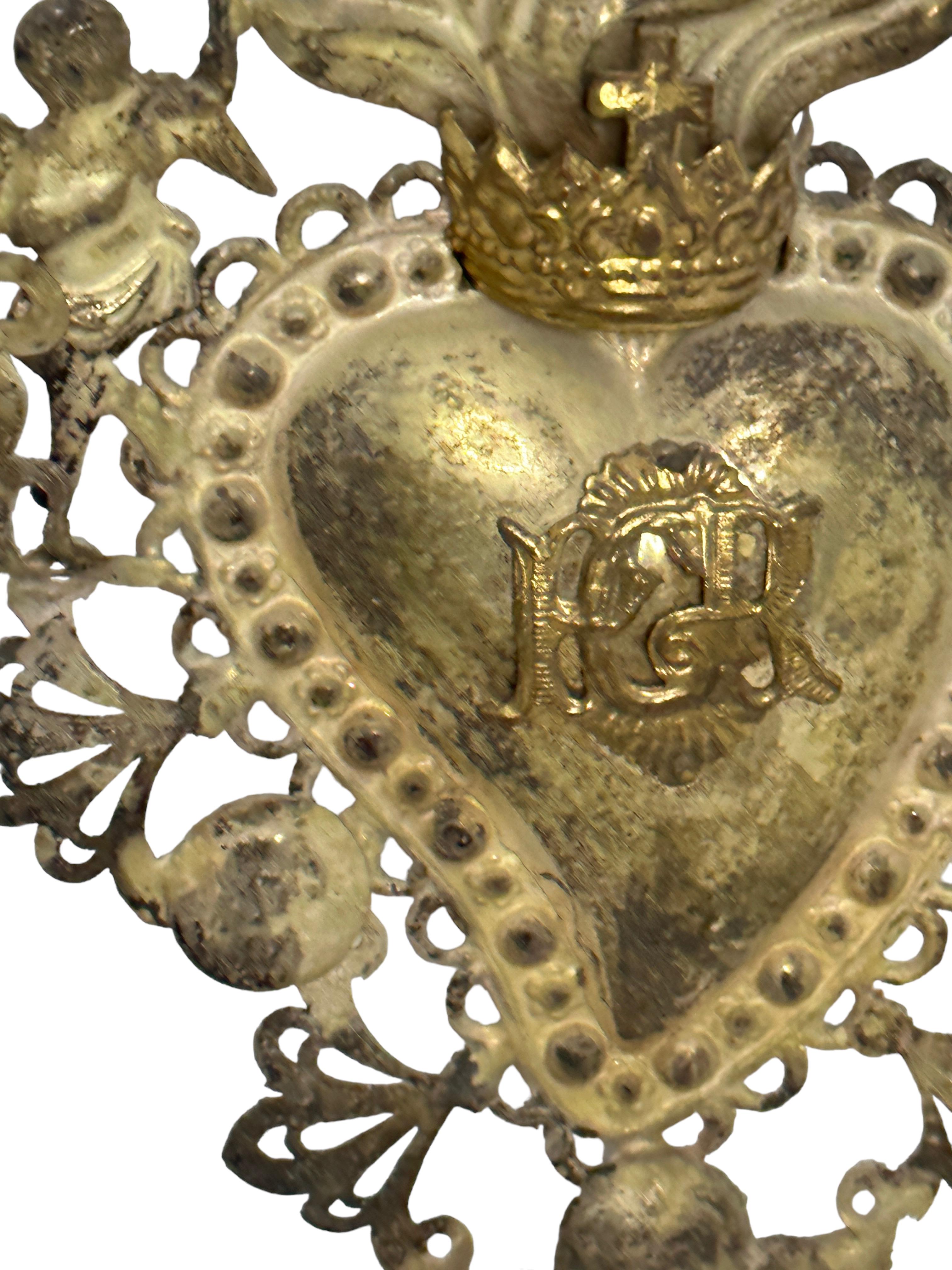 German Beautiful Silver Sacred Heart Ex Voto Monogramed, Antique European, 1900s For Sale