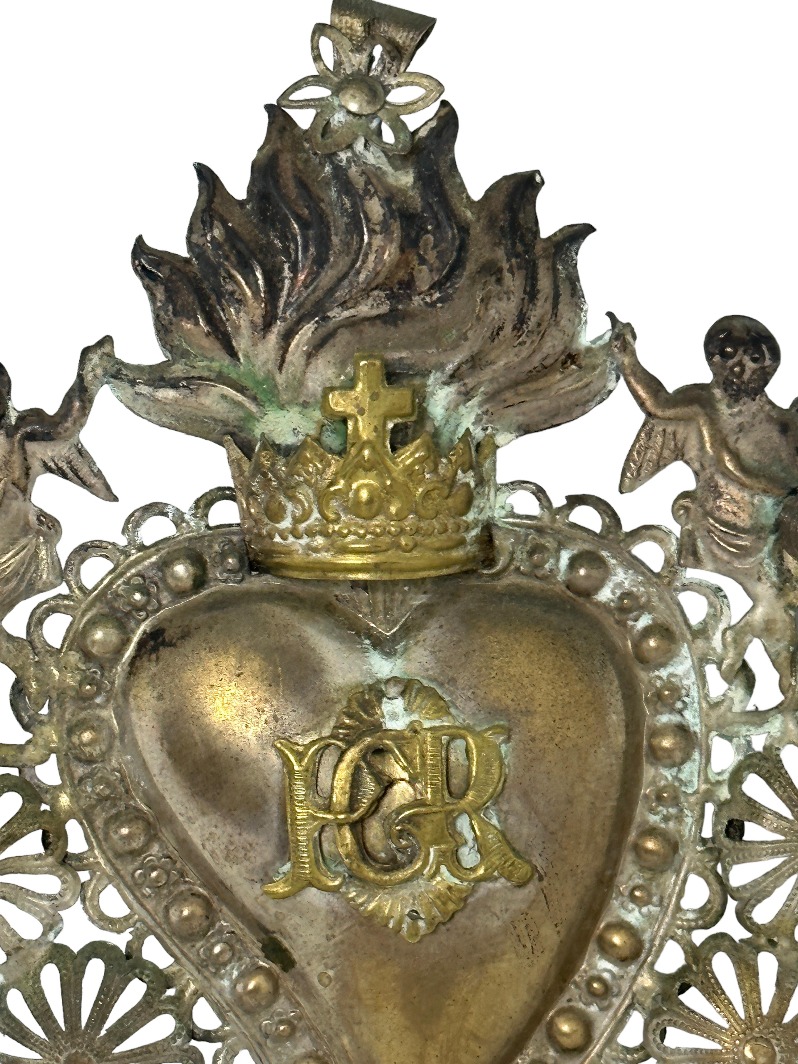 Art Nouveau Beautiful Silver Sacred Heart Ex Voto Monogramed, Antique European, 1900s