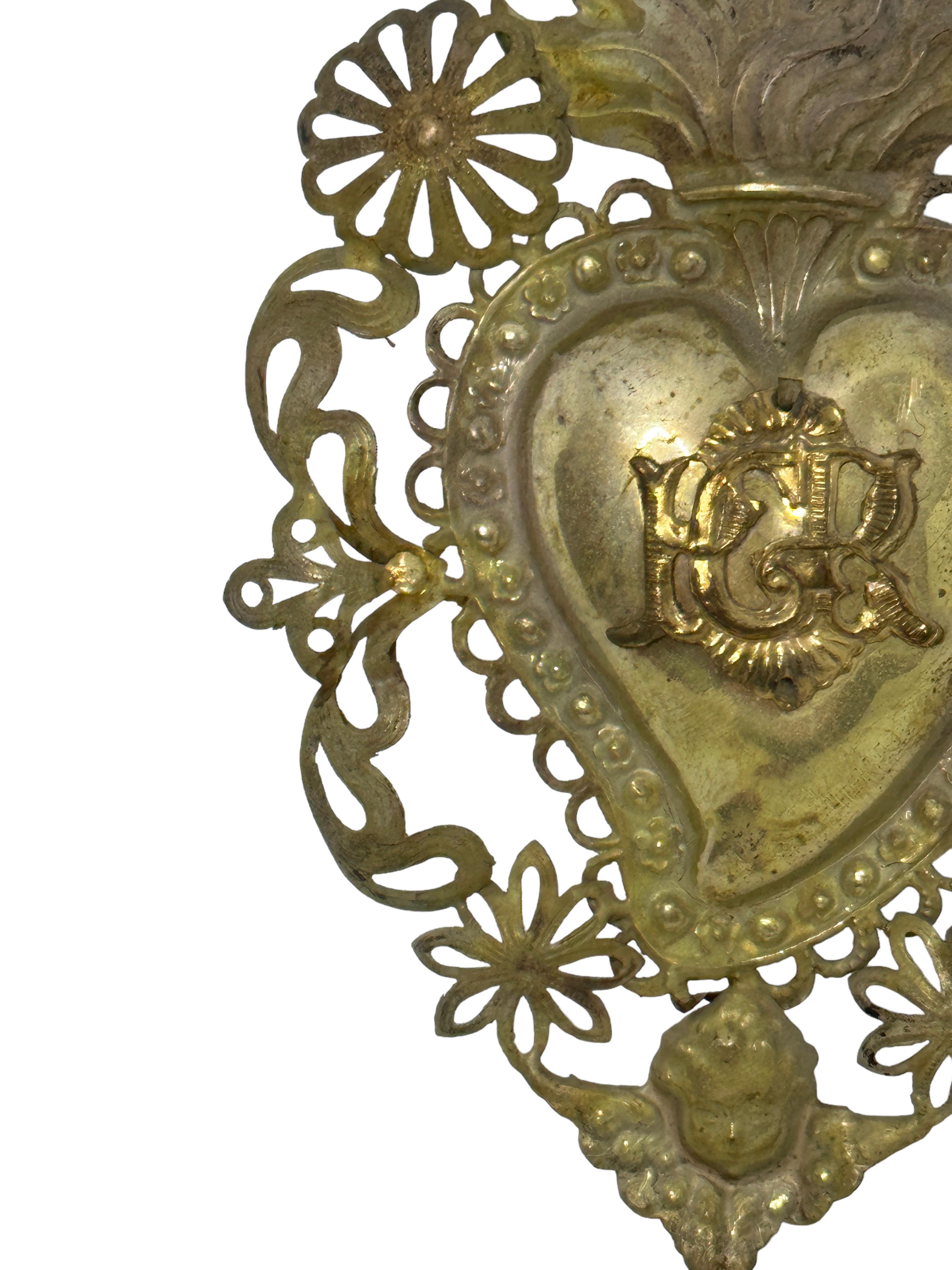 Silvered Beautiful Silver Sacred Heart Ex Voto Monogramed, Antique European, 1900s