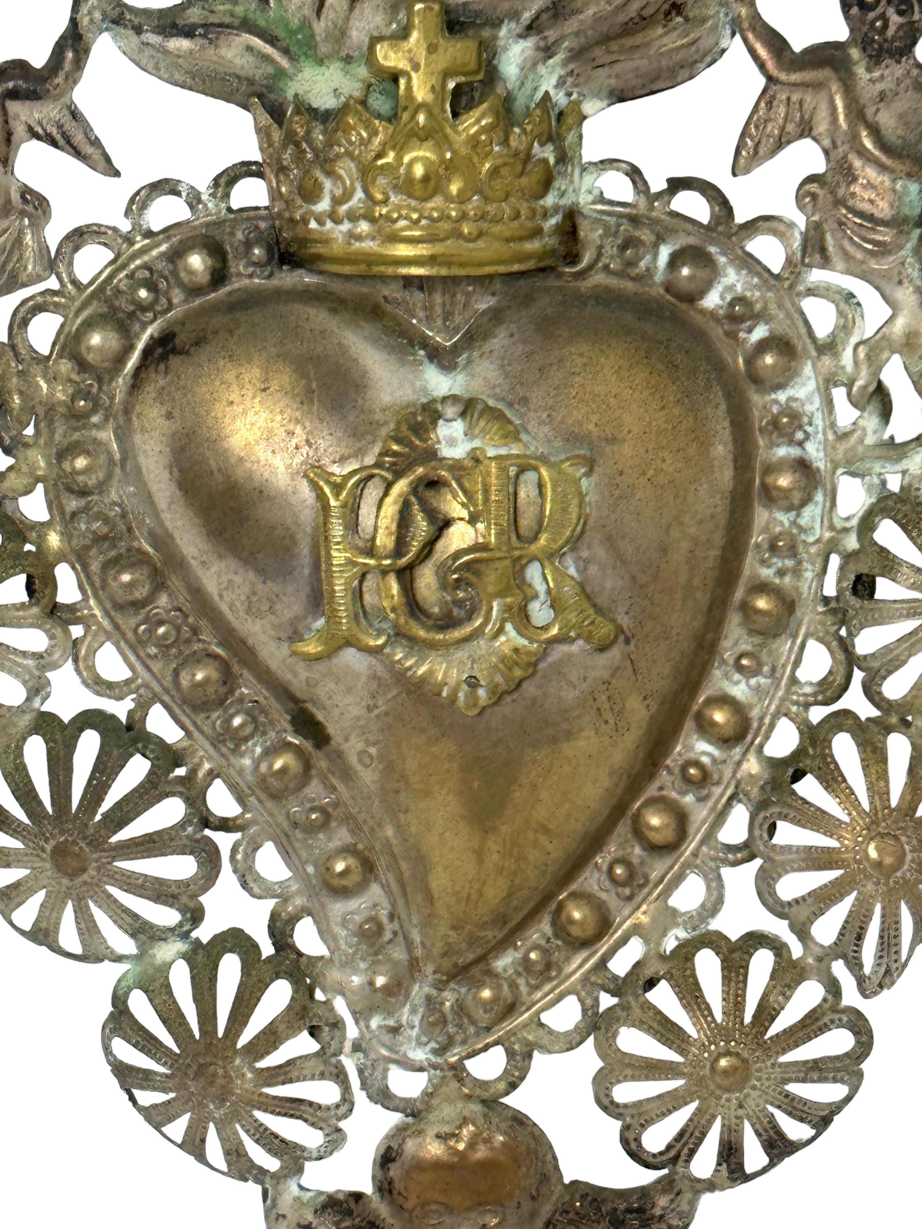 Silvered Beautiful Silver Sacred Heart Ex Voto Monogramed, Antique European, 1900s