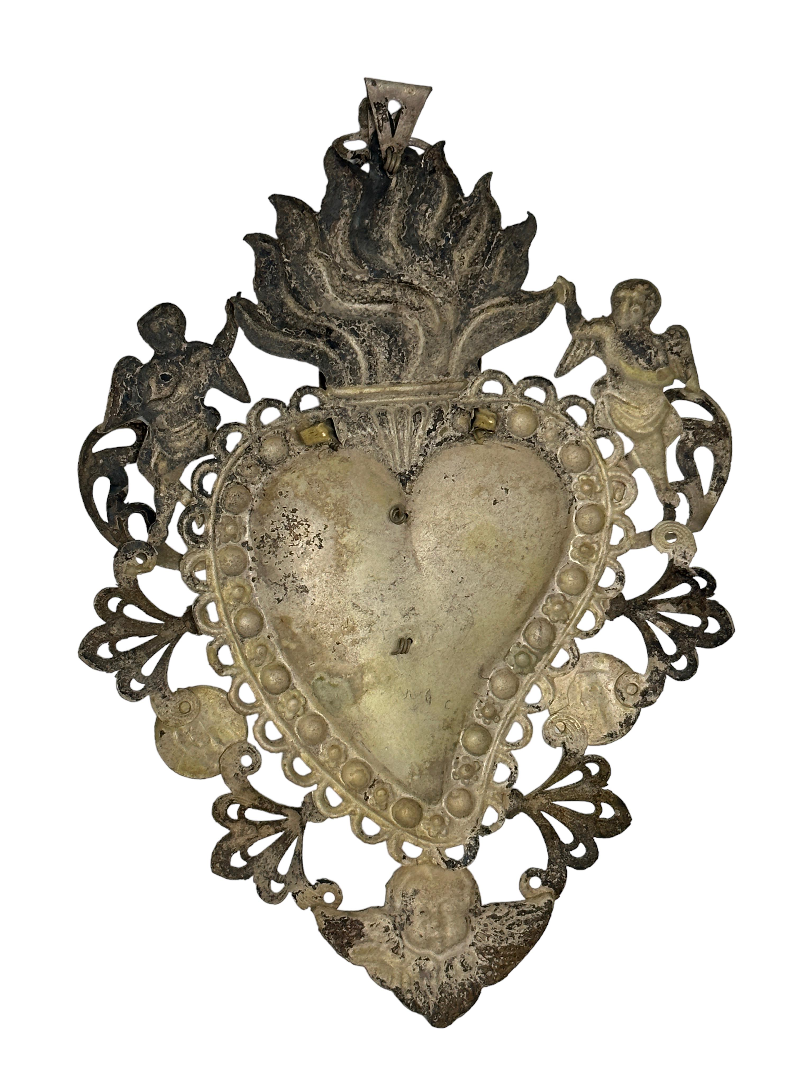 20th Century Beautiful Silver Sacred Heart Ex Voto Monogramed, Antique European, 1900s For Sale