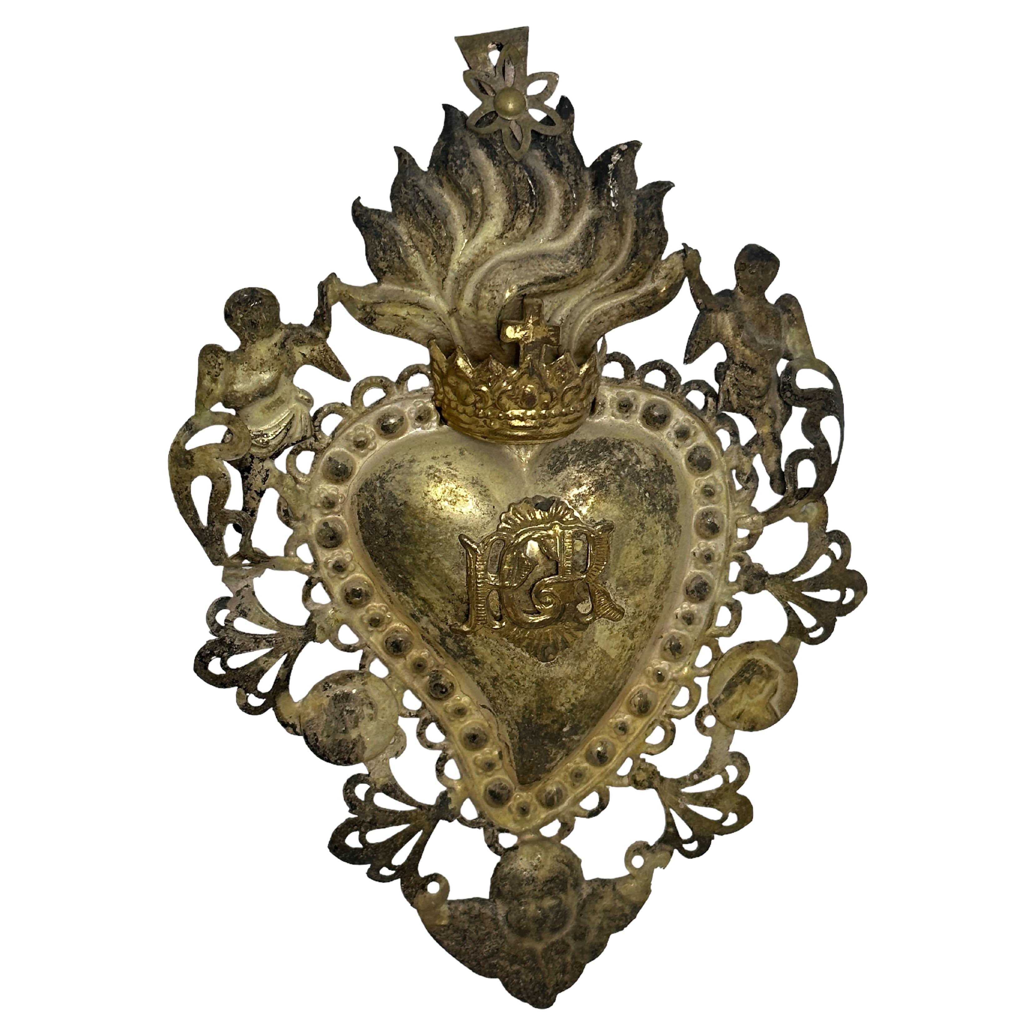 Beautiful Silver Sacred Heart Ex Voto Monogramed, Antique European, 1900s