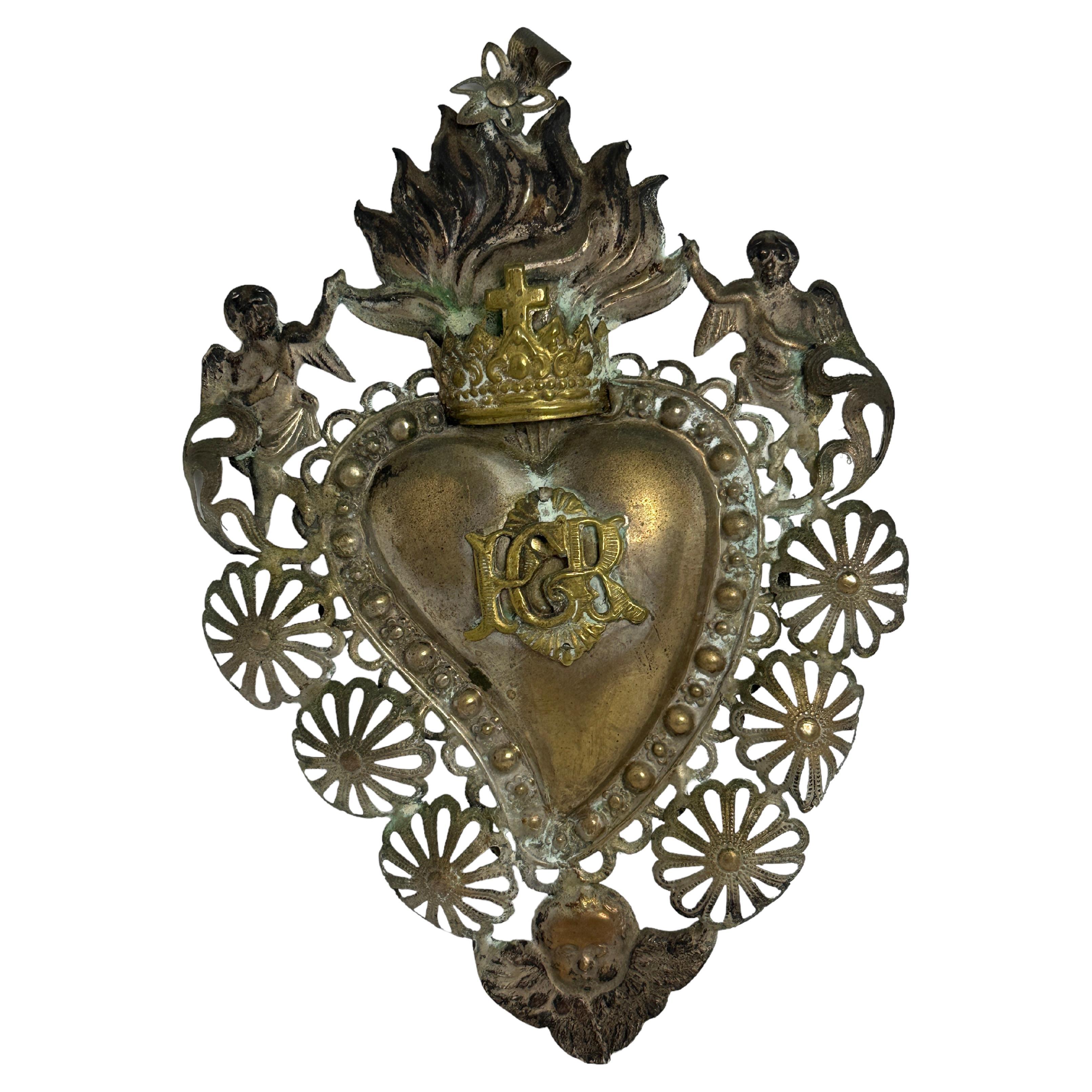 Beautiful Silver Sacred Heart Ex Voto Monogramed, Antique European, 1900s