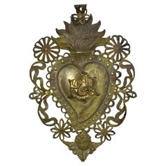 Magnifique cœur Saint-Cœur Ex Voto en argent avec monogramme, européen ancien, années 1900