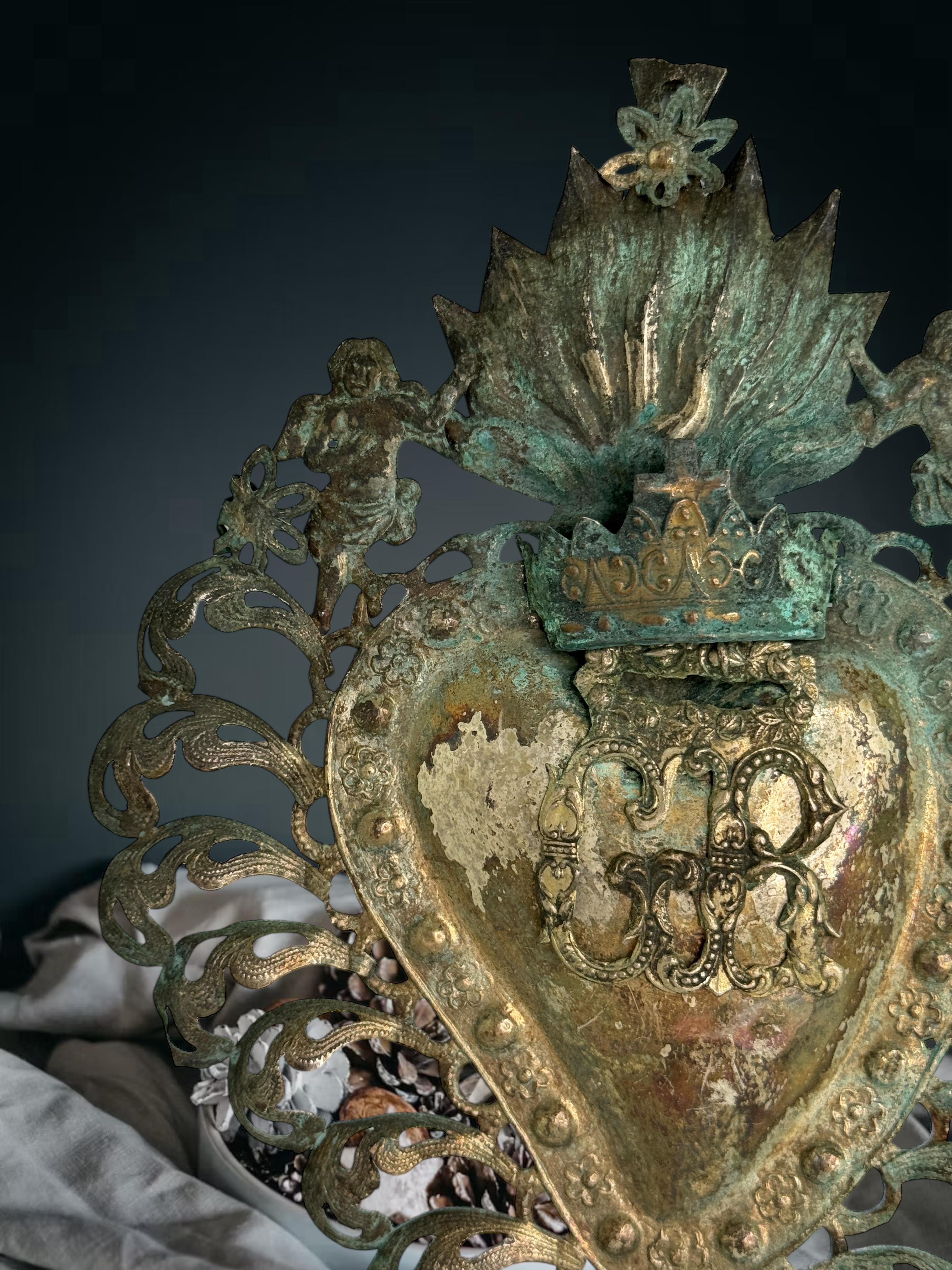 Magnifique évoto du Sacré-Cœur avec ange chérubin, européen ancien, années 1880 en vente 2