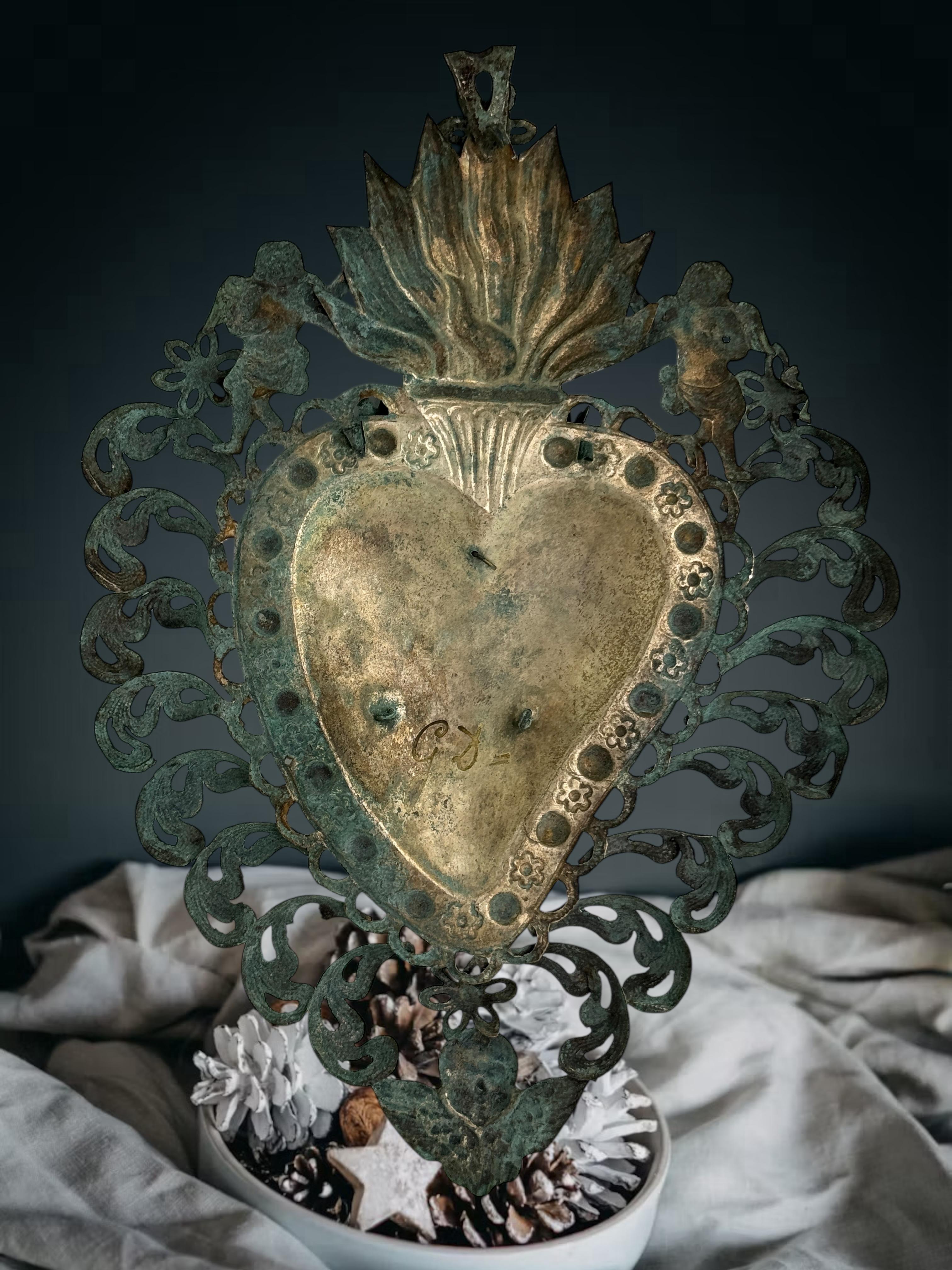 Magnifique évoto du Sacré-Cœur avec ange chérubin, européen ancien, années 1880 en vente 5