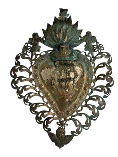 Beautiful Silver Sacred Heart Ex Voto with Cherub Angel, Antique European, 1880s