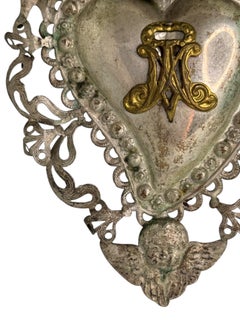Beautiful Silver Sacred Heart Ex Voto with Cherub Angel, Antique European, 1880s