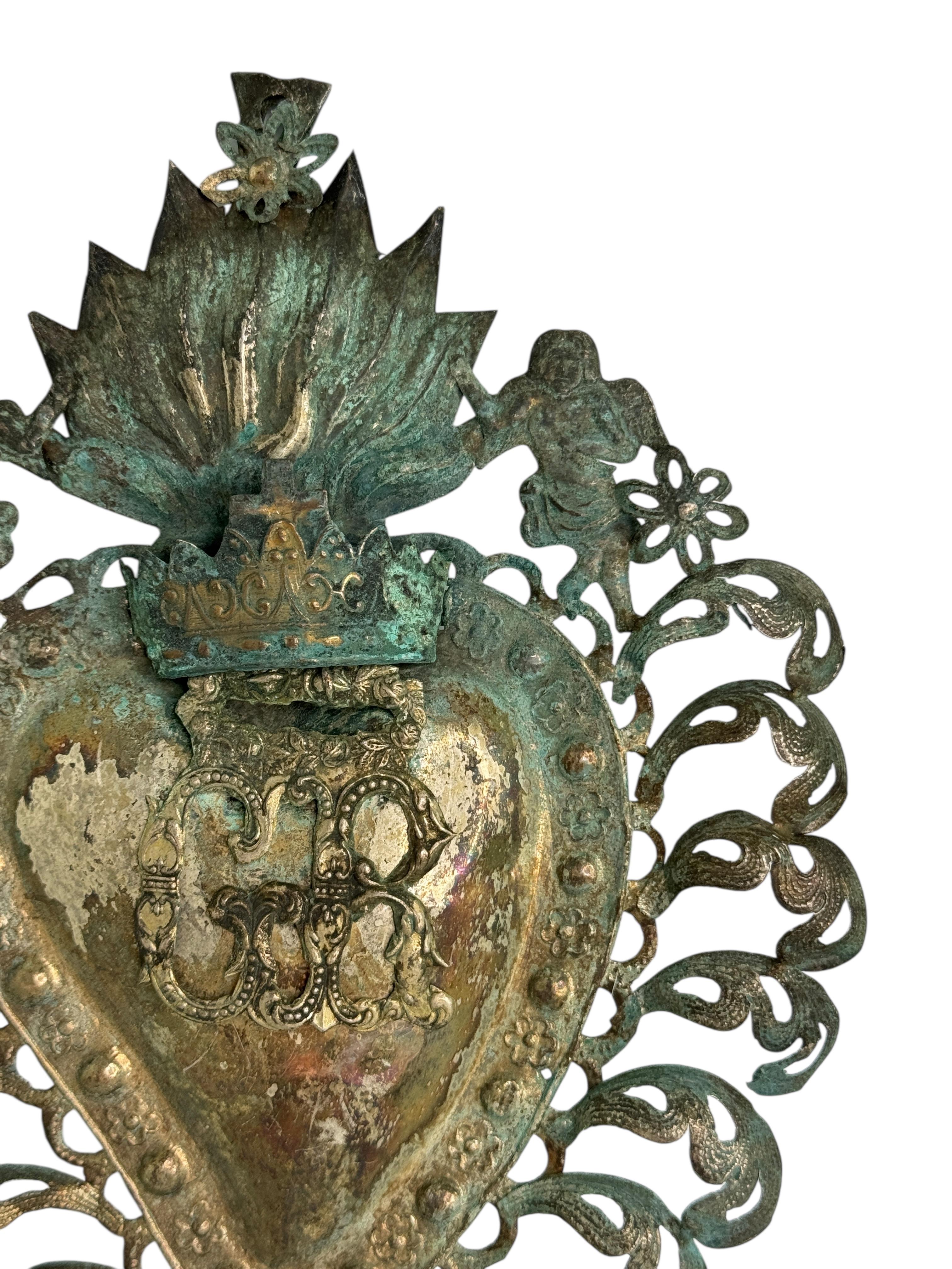 Argenté Magnifique évoto du Sacré-Cœur avec ange chérubin, européen ancien, années 1880 en vente