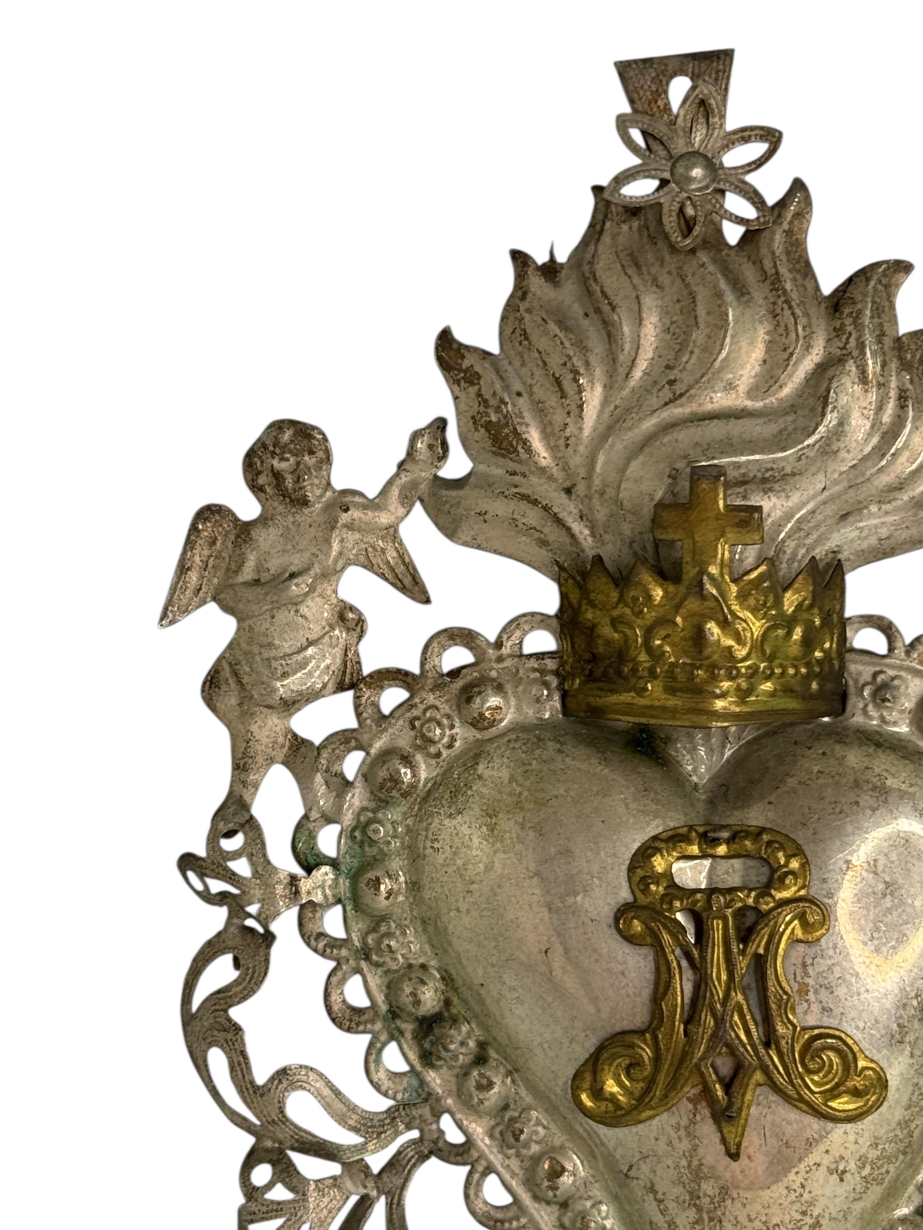 Argentato Bellissimo ex voto in argento con angelo cherubino, antico europeo, 1880 in vendita